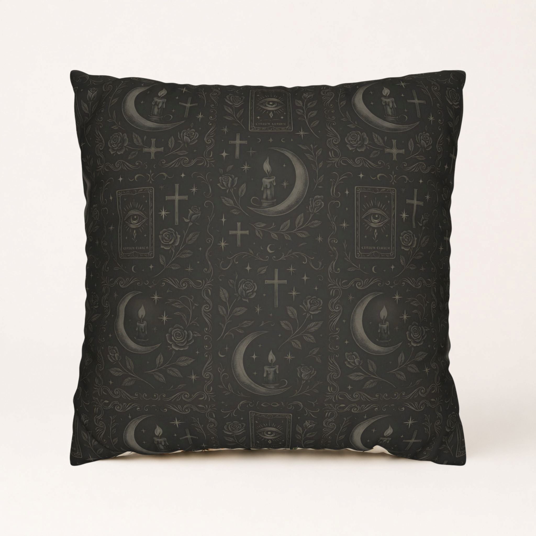 A faux suede pillow cover with a repeating pattern of celestial and gothic elements.