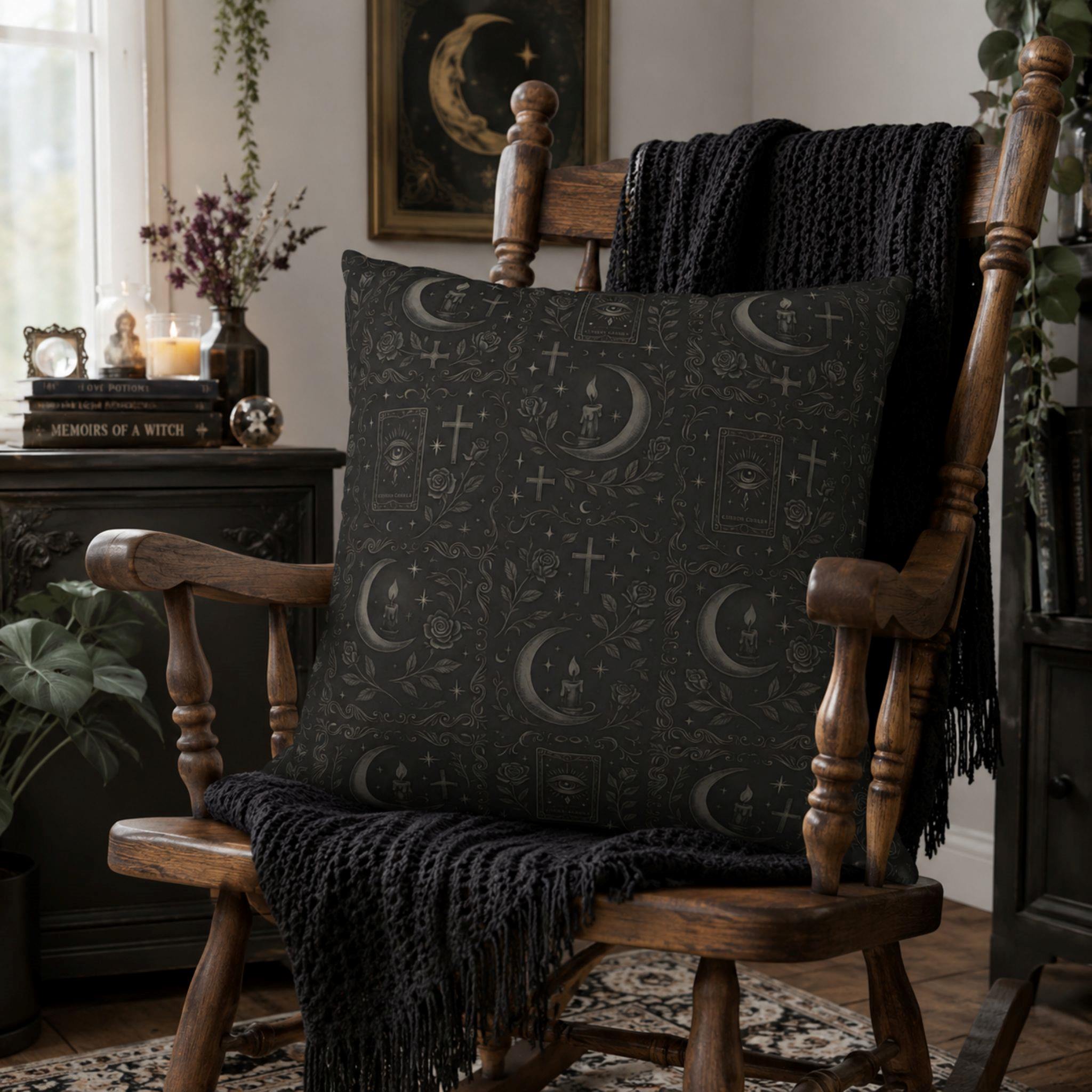 Whimsigoth Pillow Cover that includes crescent moons, candles, crosses, roses, stars, and a tarot card with an eye symbol.