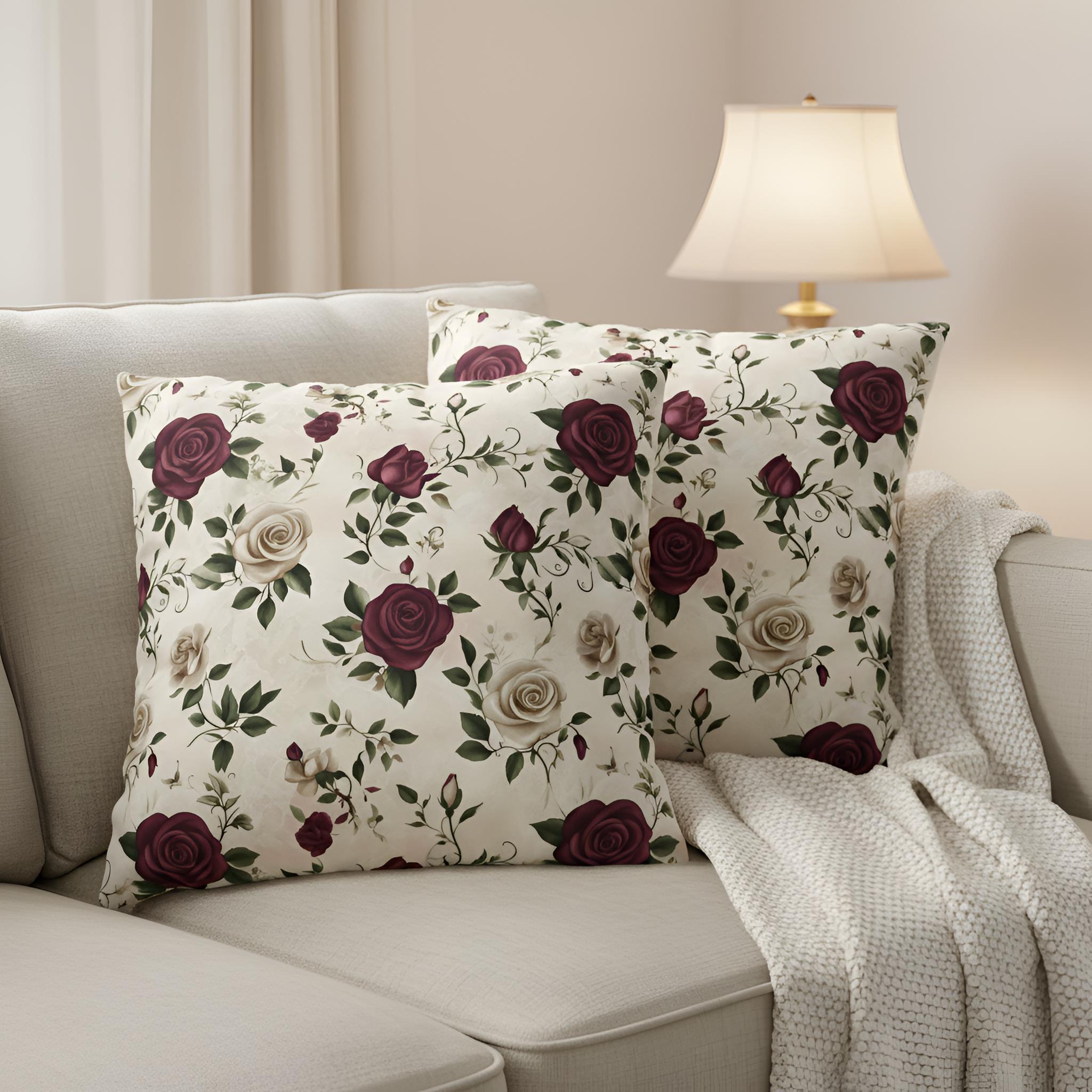 Two vintage styled rose pillow covers on a light colored couch in a modern living room.