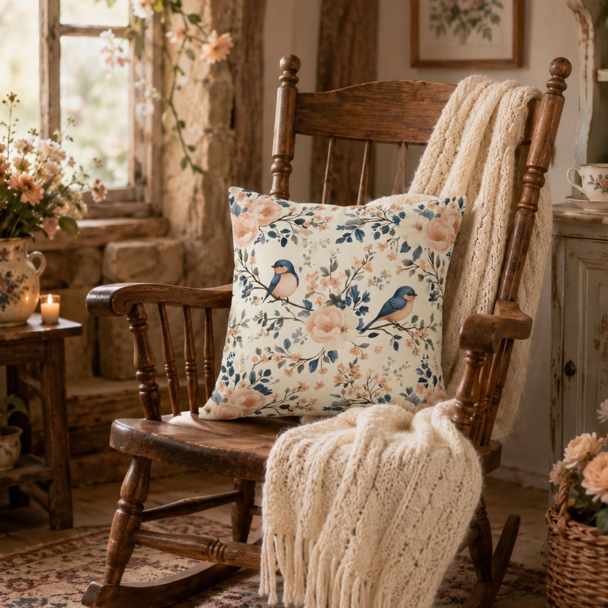 Floral and bird throw pillow on a wooden rocking chair in a cozy cottage living room.