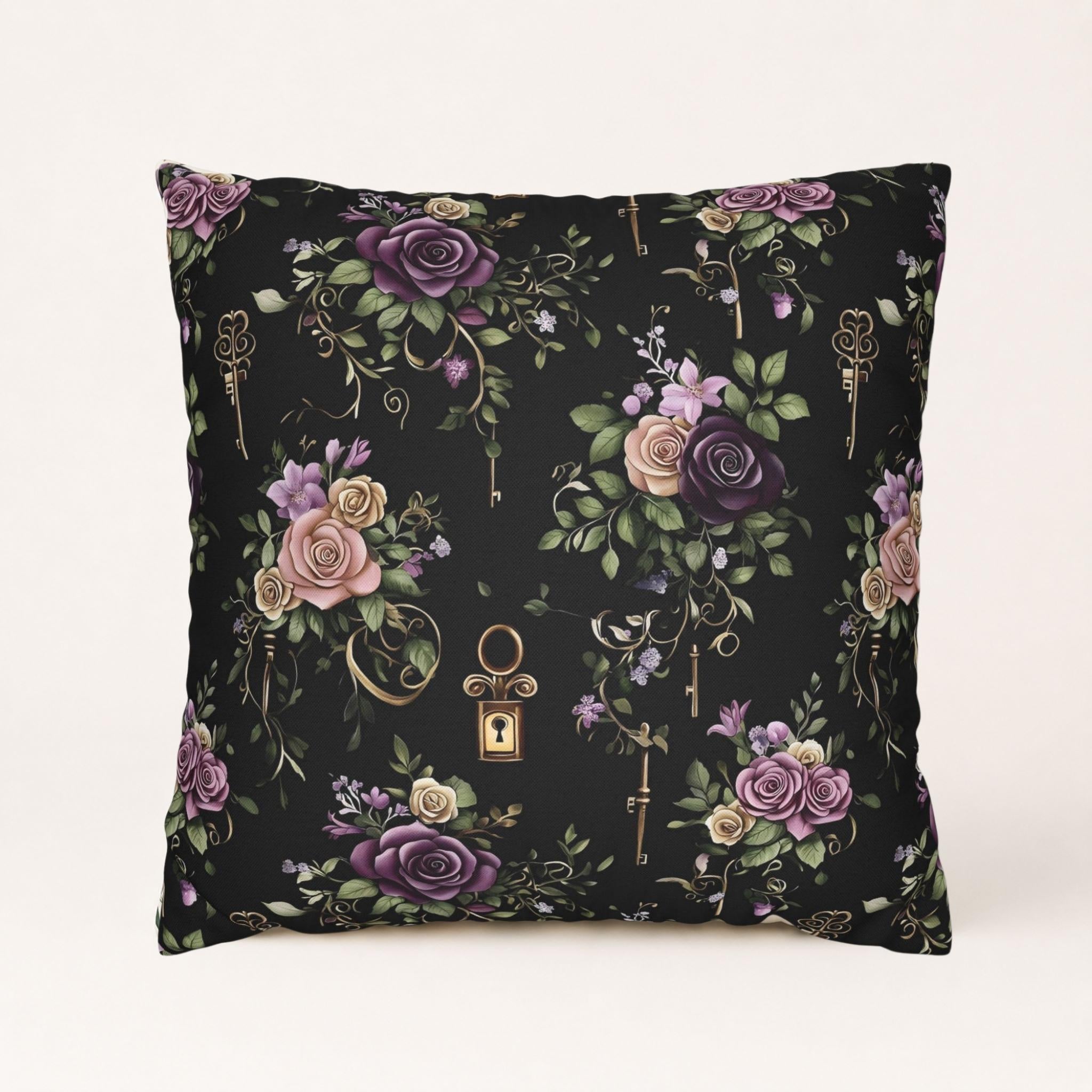Floral rose throw pillow with a vintage lock and skeleton key pattern on a black background
