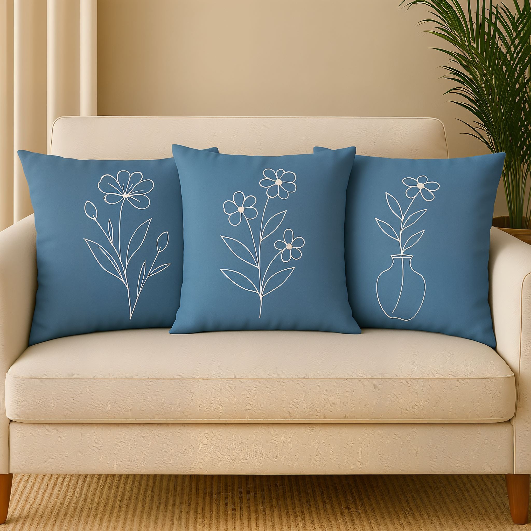 Blue Floral Trio Pillow Cover - 20" Woven Cotton | Durazza