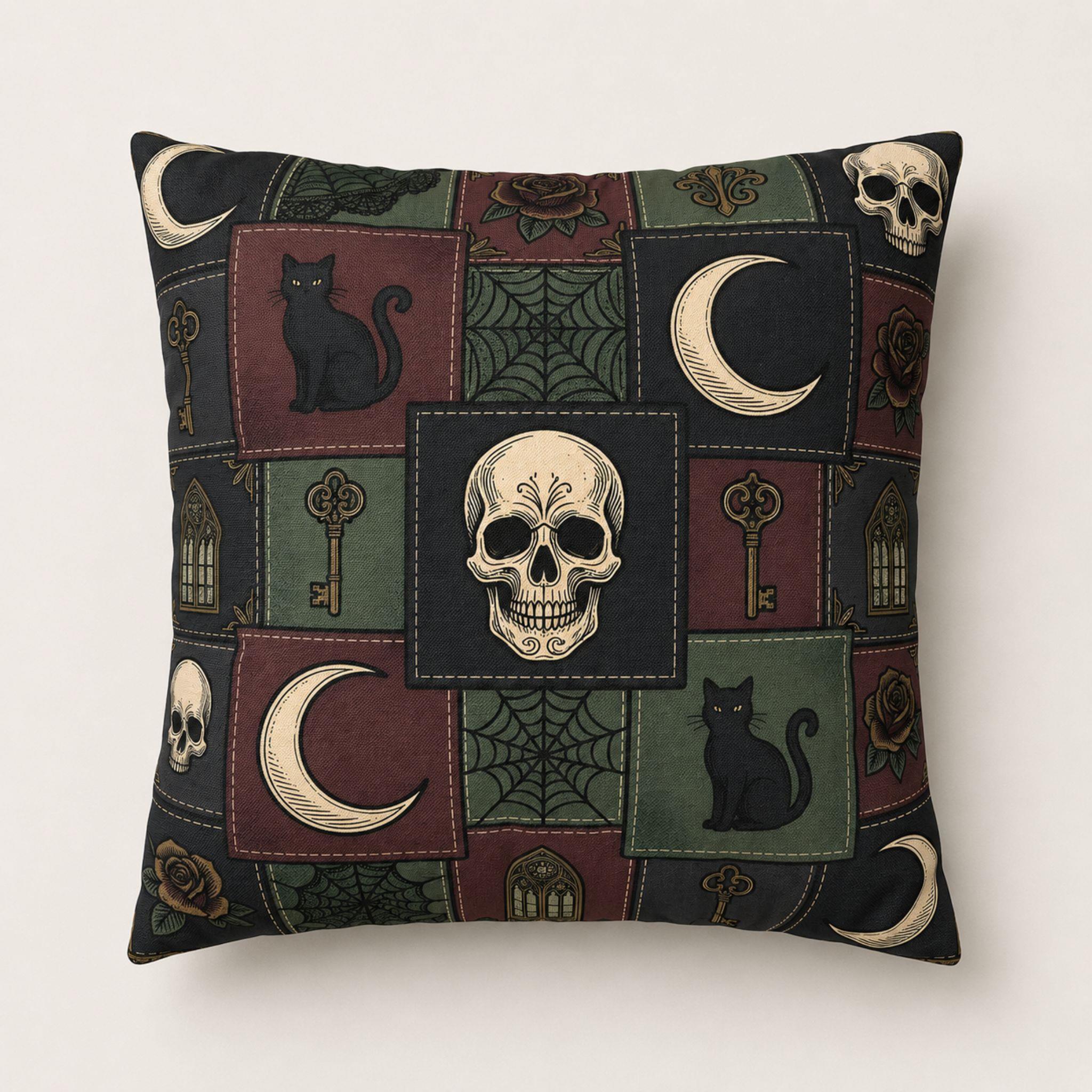 Witchy Halloween pillow cover with gothic design featuring skulls, cats, and crescent moons on a beige background.