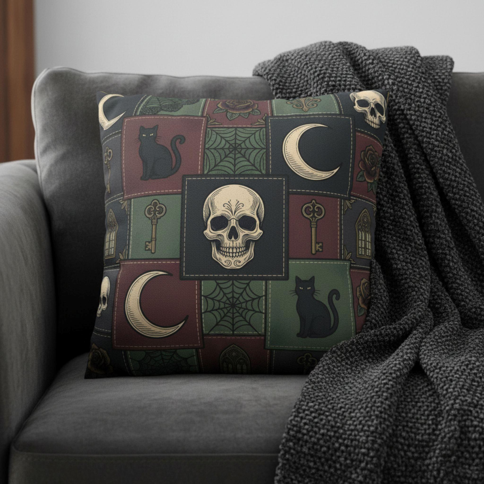 Skull and black cat pillow cover in 20 inch with Halloween-themed design on a whimsigoth gray couch.