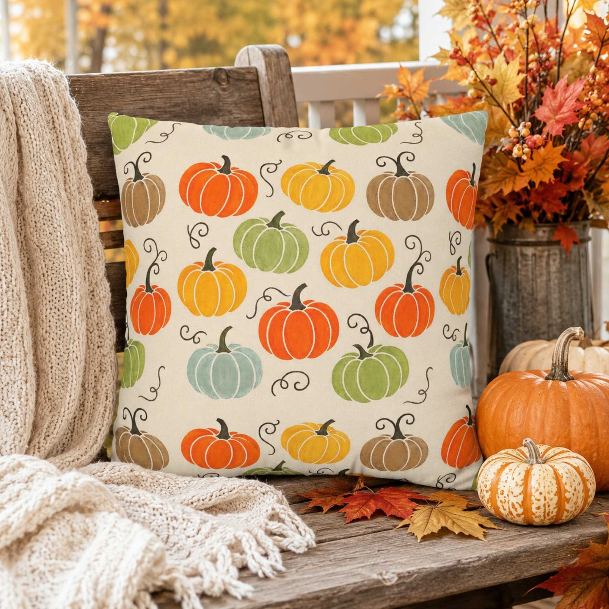 Pumpkin pillow in fall colors on a wooden bench with pumpkins and Autumn leaves.