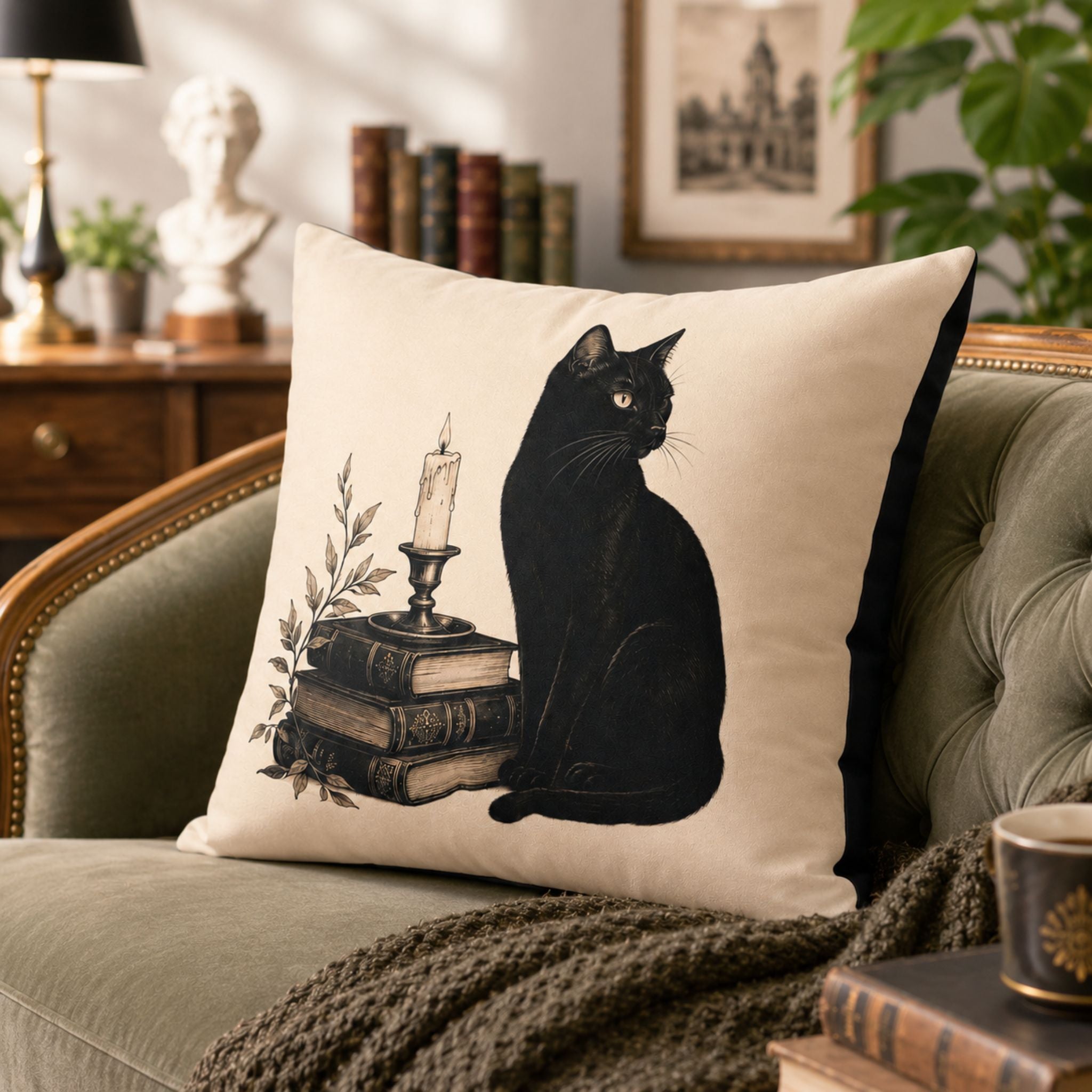 Black cat pillow cover styled on green chair in a cozy dark academia room.