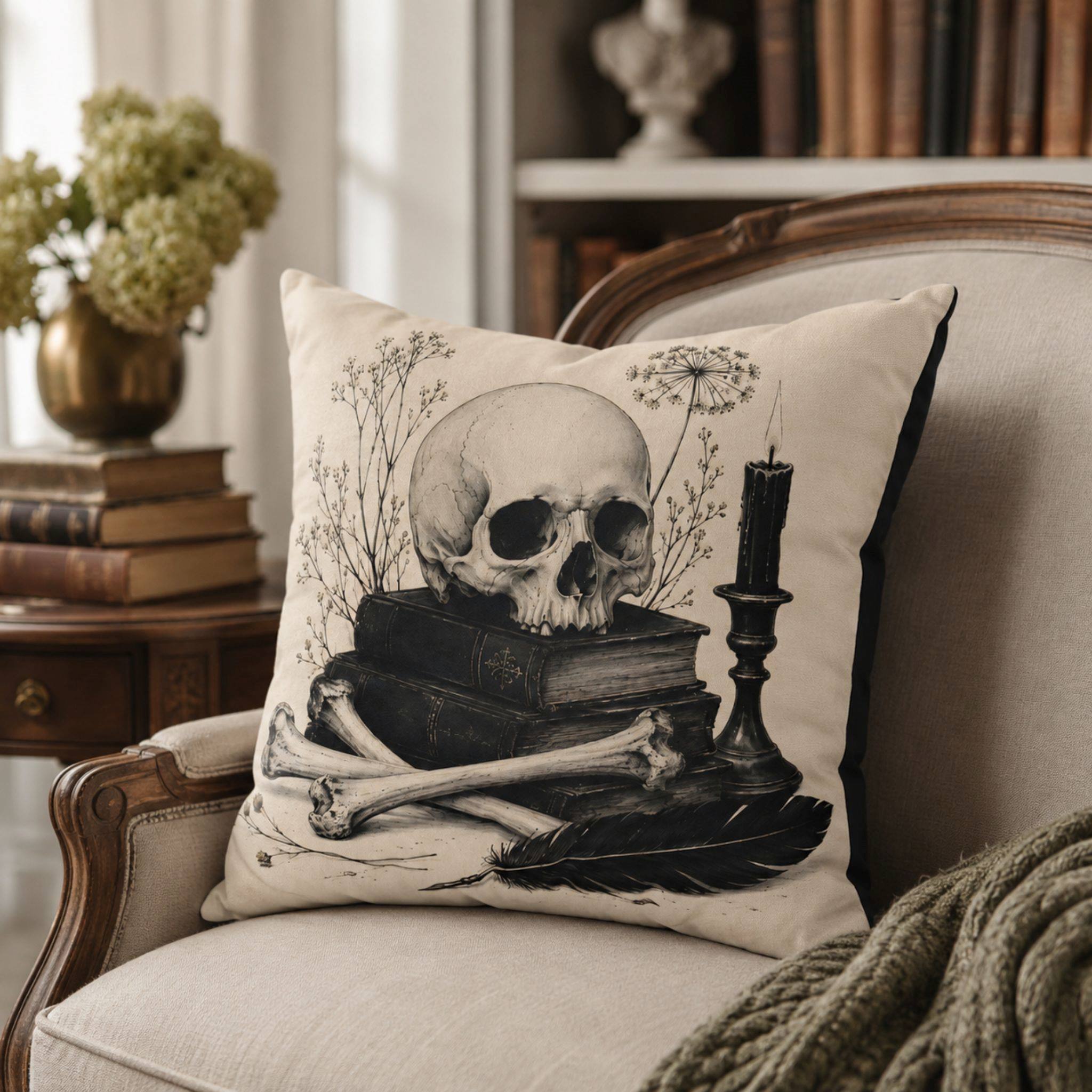 Skull book pillow cover styled on cream chair with cozy dark academia decor.