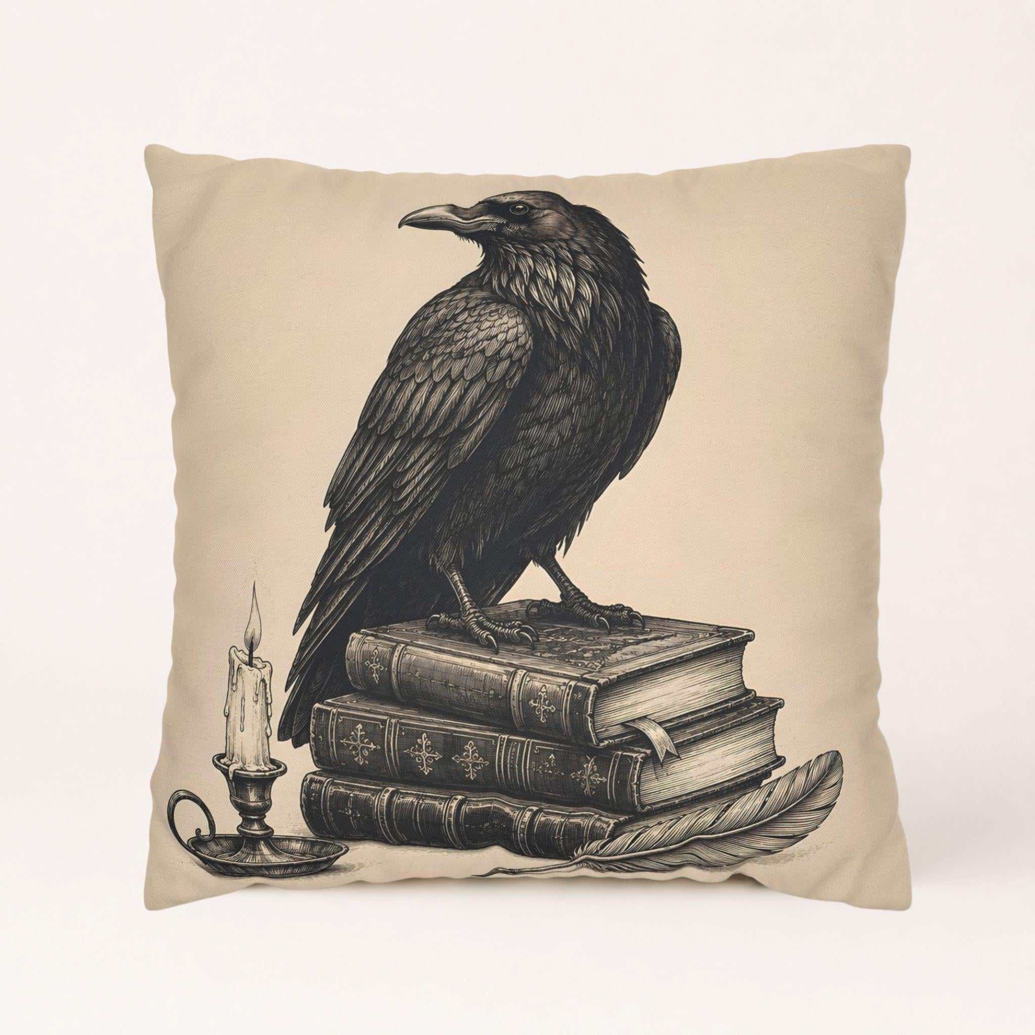 Raven book pillow cover with antique books, candle, and feather on beige fabric.