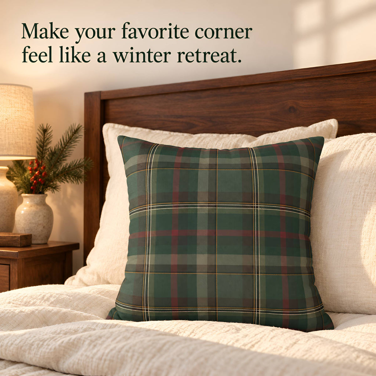Cedar Ember green plaid pillow cover styled on a bed with cream bedding and a warm brown throw.
