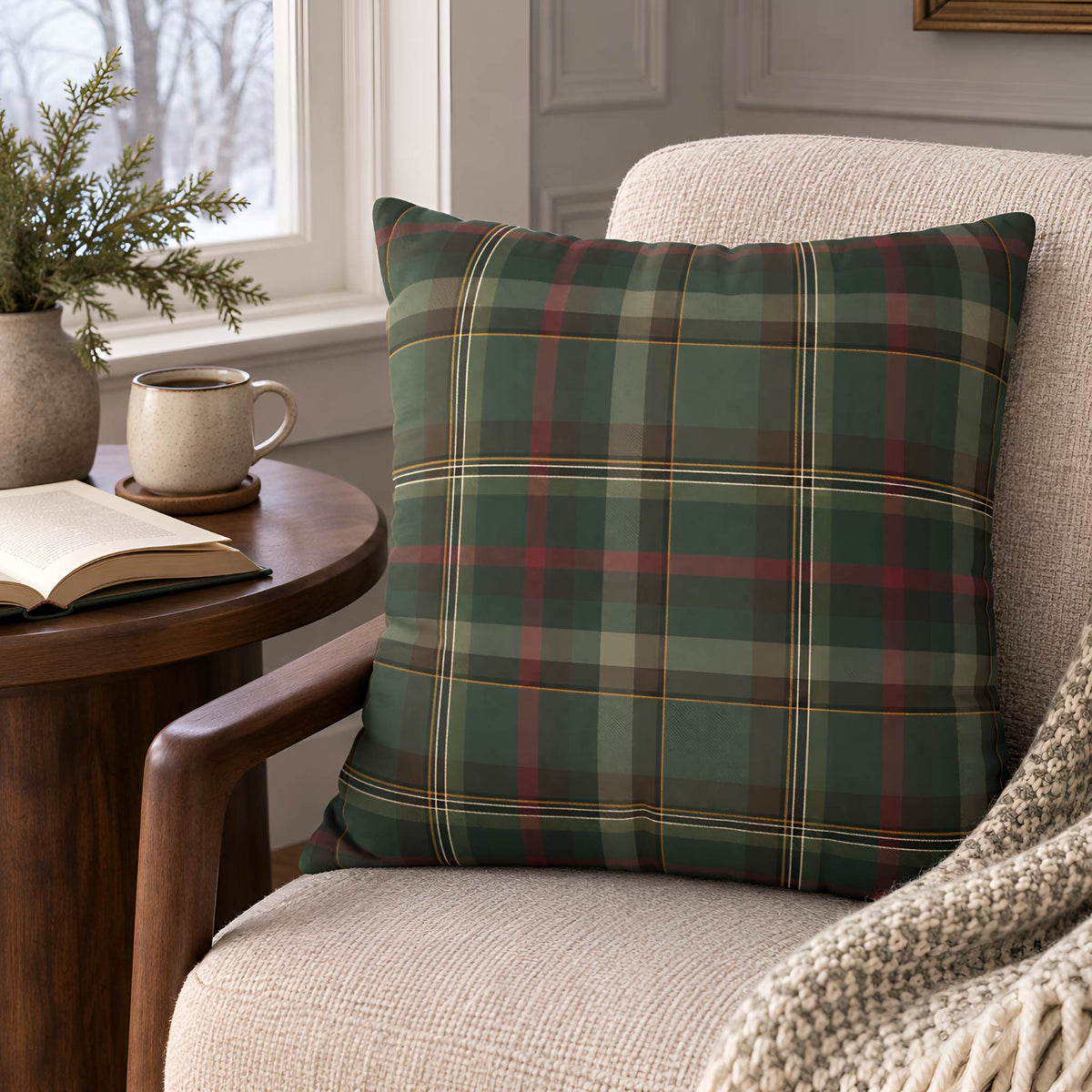 Cedar Ember tartan plaid pillow cover styled on a neutral armchair with a light throw.
