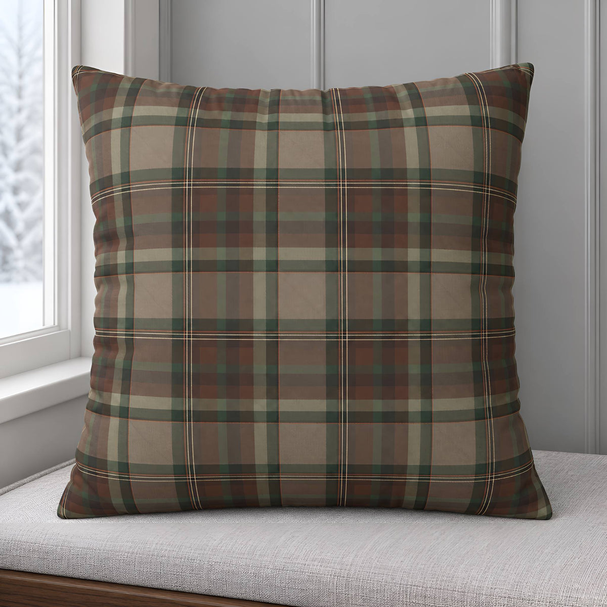 A square throw pillow cover with a classic plaid pattern in taupe, brown, green, and red, resting on a light gray cushion in front of a window.