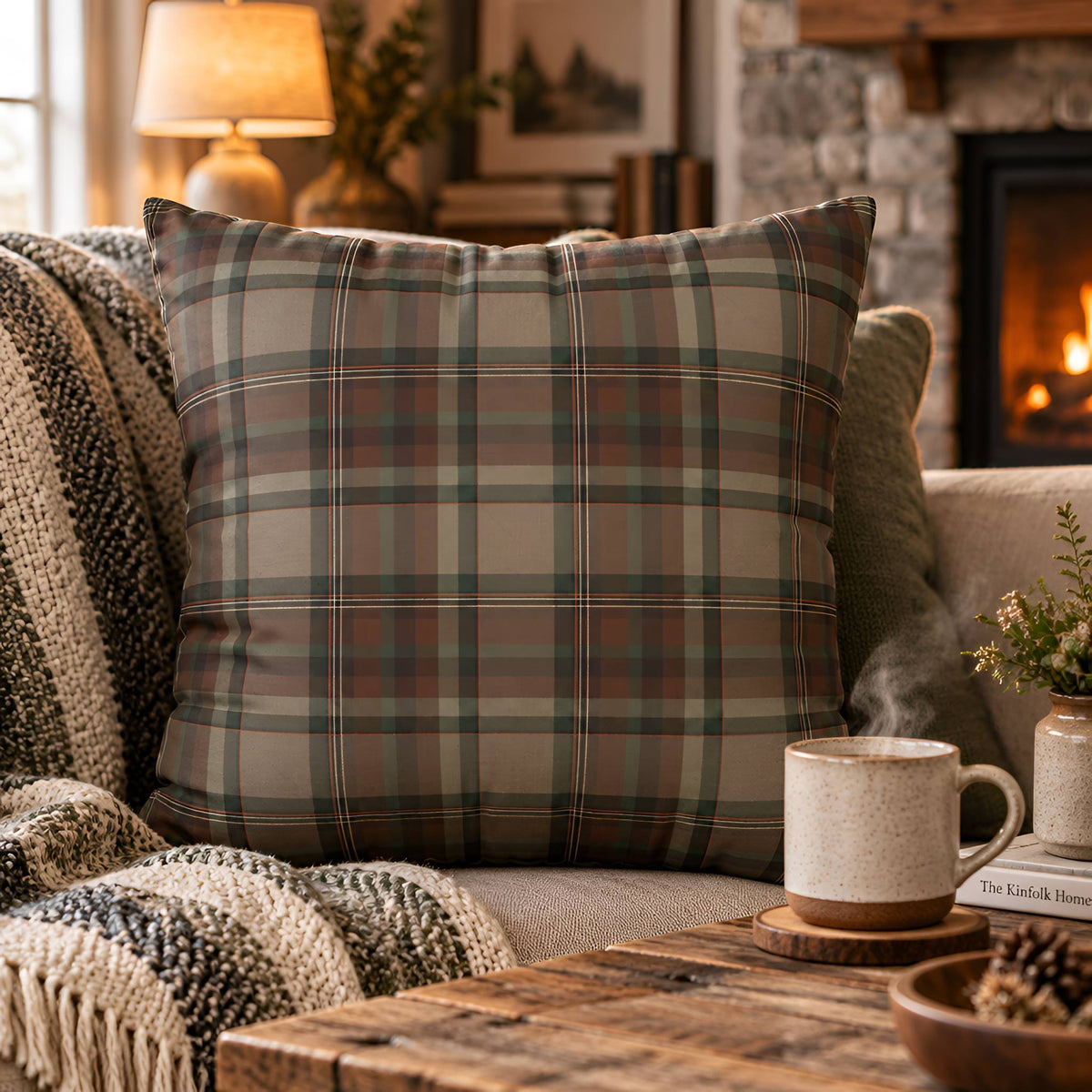 A square plaid throw pillow cover in muted green, beige, and brown tones, styled on a cozy couch in a warm living room setting with a blanket, coffee table, mug, and fireplace visible.