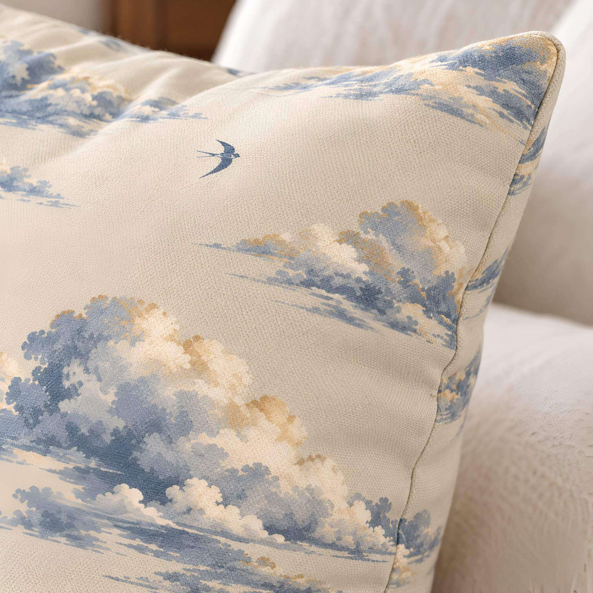 A close-up of a decorative throw pillow featuring a cloud and bird print in soft blue, beige, and cream tones, resting on a light-colored sofa.