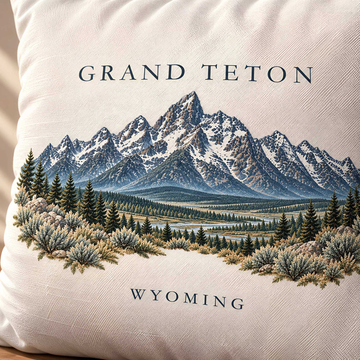 A square throw pillow in a textured off-white fabric, printed with a detailed landscape illustration of the Grand Teton mountains in Wyoming, featuring the text 'GRAND TETON' at the top and 'WYOMING' at the bottom.