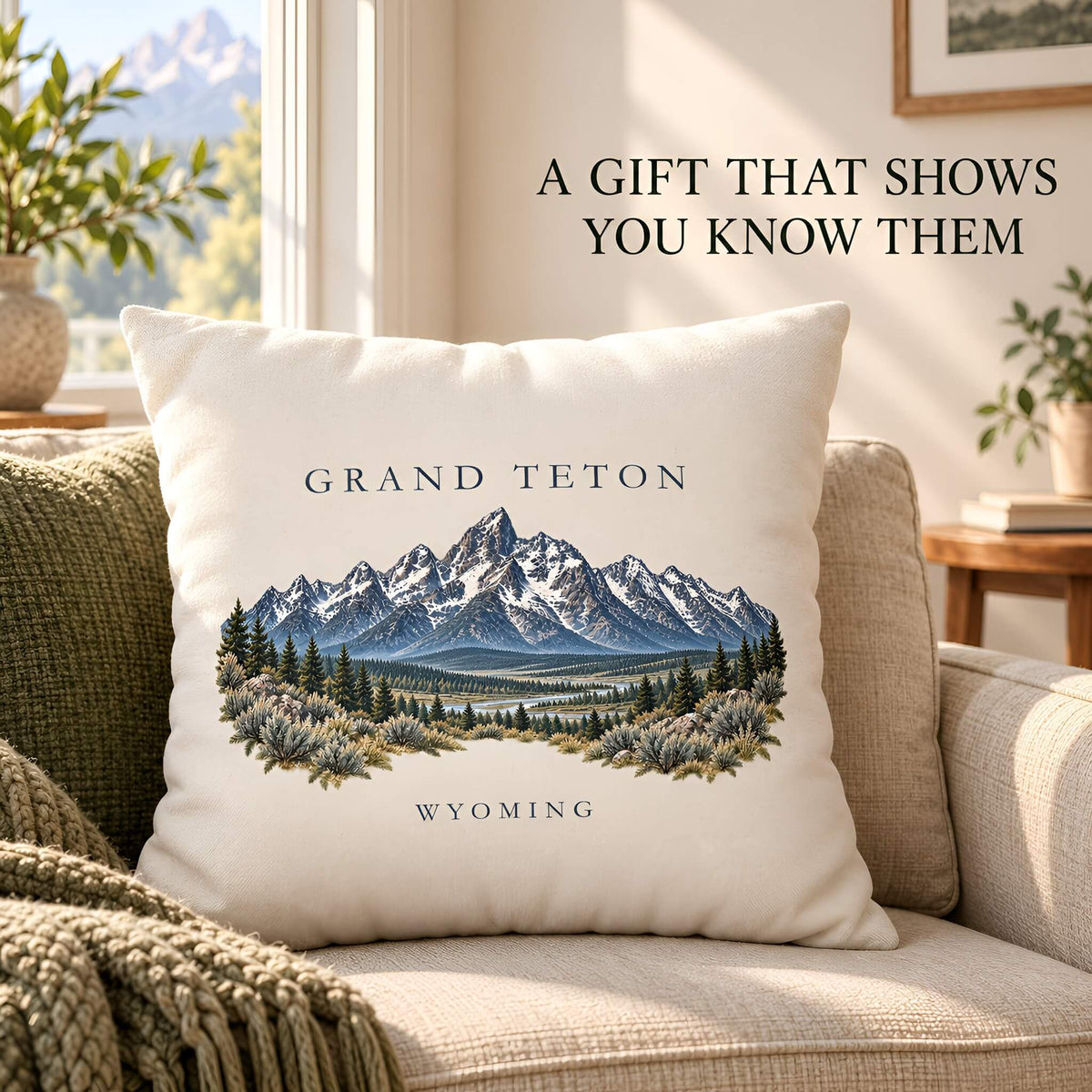 A square cream throw pillow cover with a printed Grand Teton, Wyoming mountain landscape, styled on a beige sofa in a sunlit living room. Text on the image reads, 'A GIFT THAT SHOWS YOU KNOW THEM'.