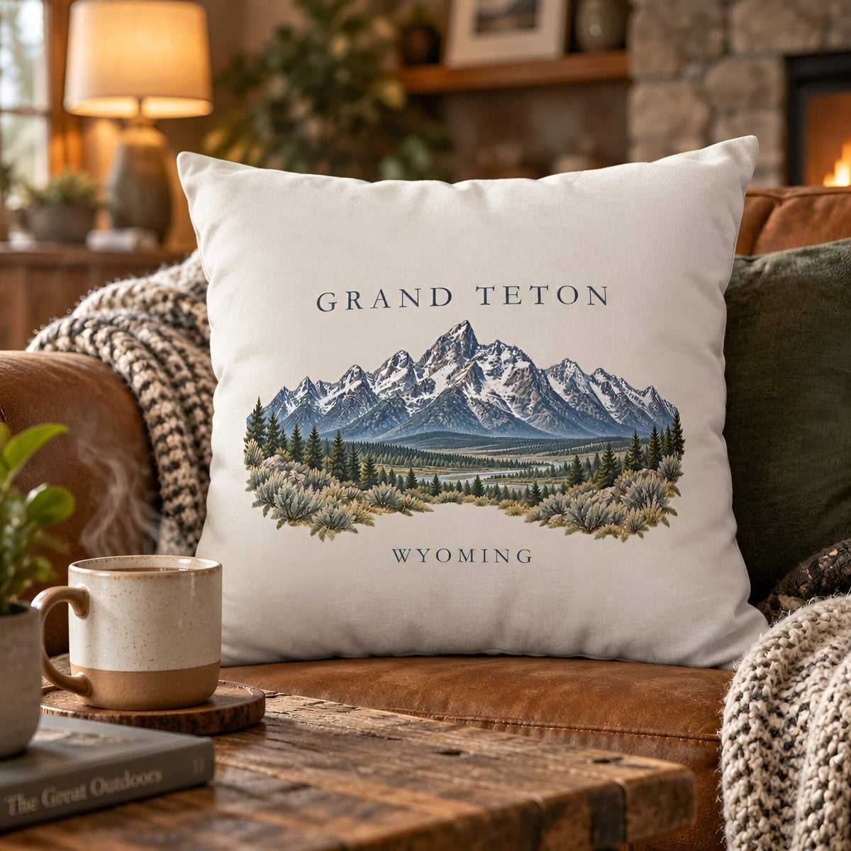 A square throw pillow featuring a printed illustration of the Grand Teton mountains in Wyoming, styled on a brown leather couch in a cozy living room setting.