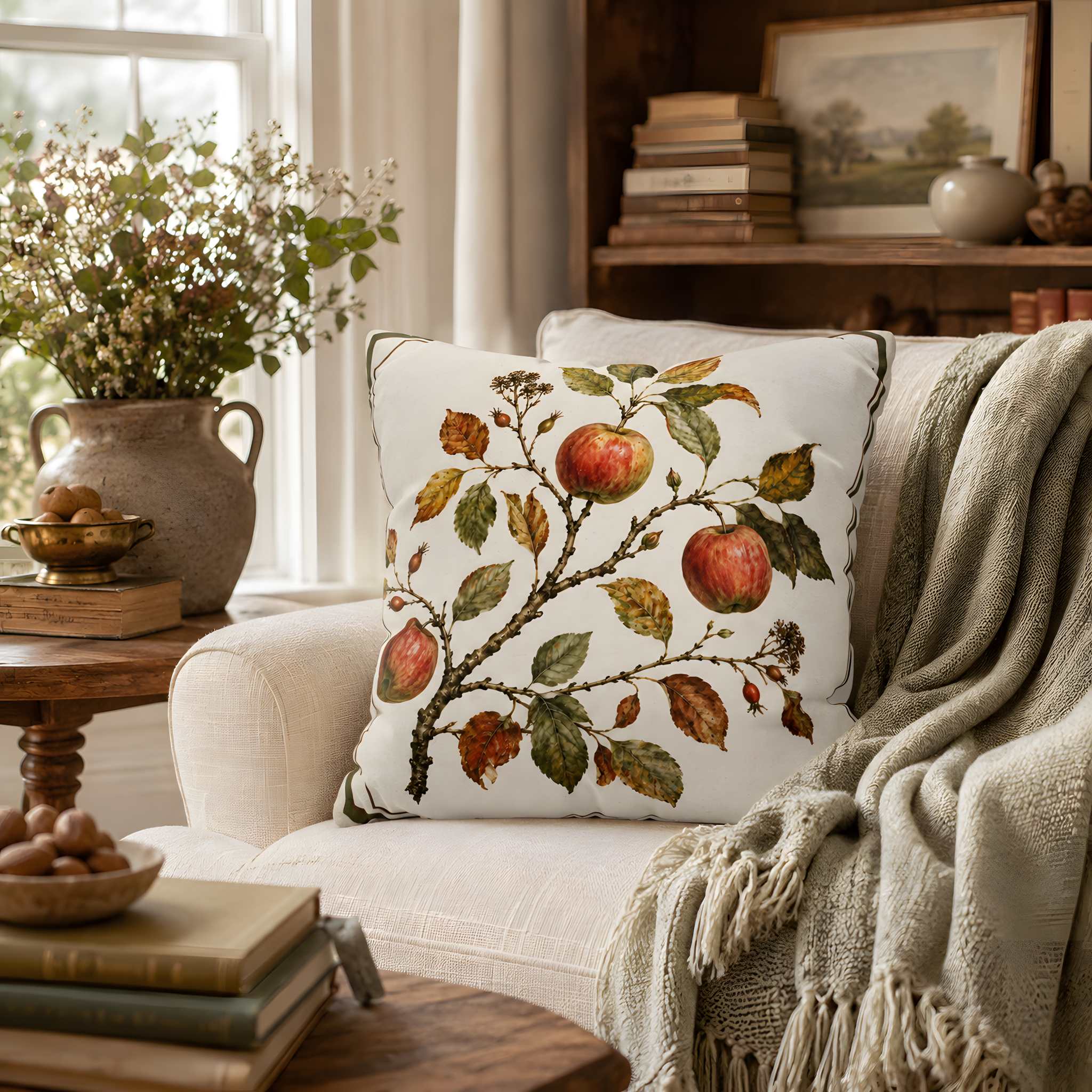 A square cotton throw pillow with a vintage-style print of red apples on an autumn tree branch, styled on a cream-colored armchair in a cozy Autumn living room setting.