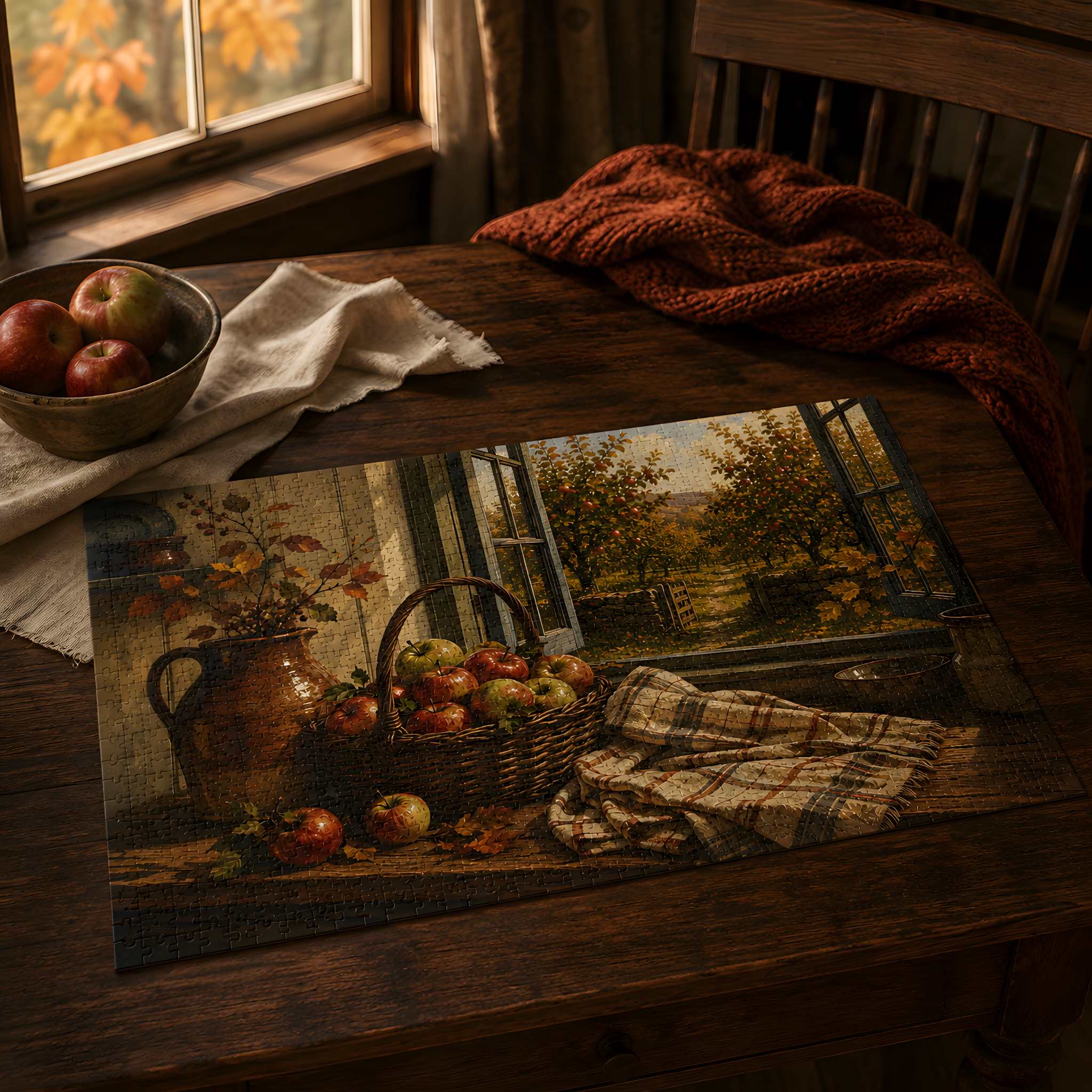 A still life jigsaw puzzle scene with apples, a pitcher, and a window view, styled on a dark wooden table in a warm autumn room with a bowl of apples, a folded cloth, and a rust-colored throw blanket.