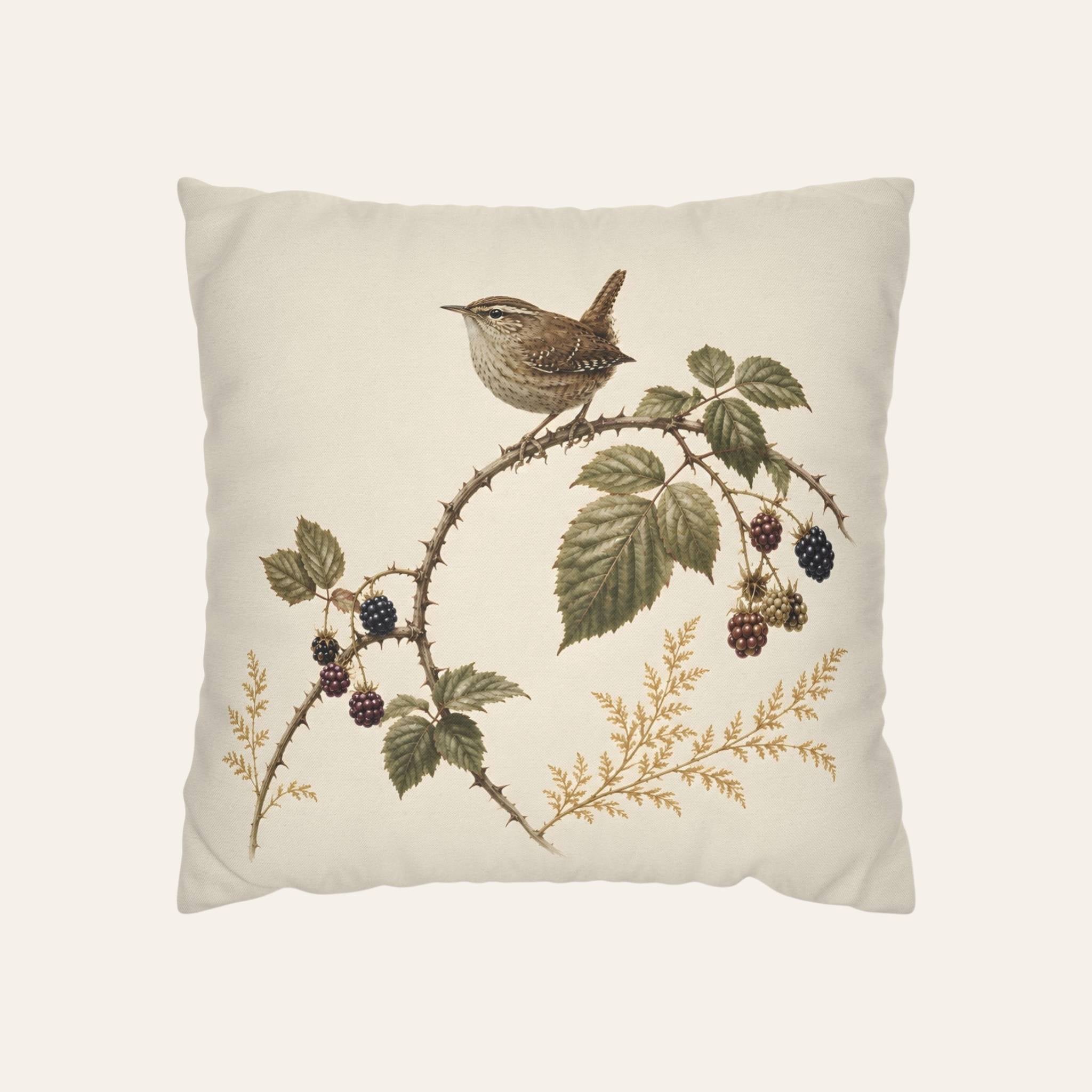 Wren and Blackberry Cotton Pillow Cover, 22" | Hedgerow Trail