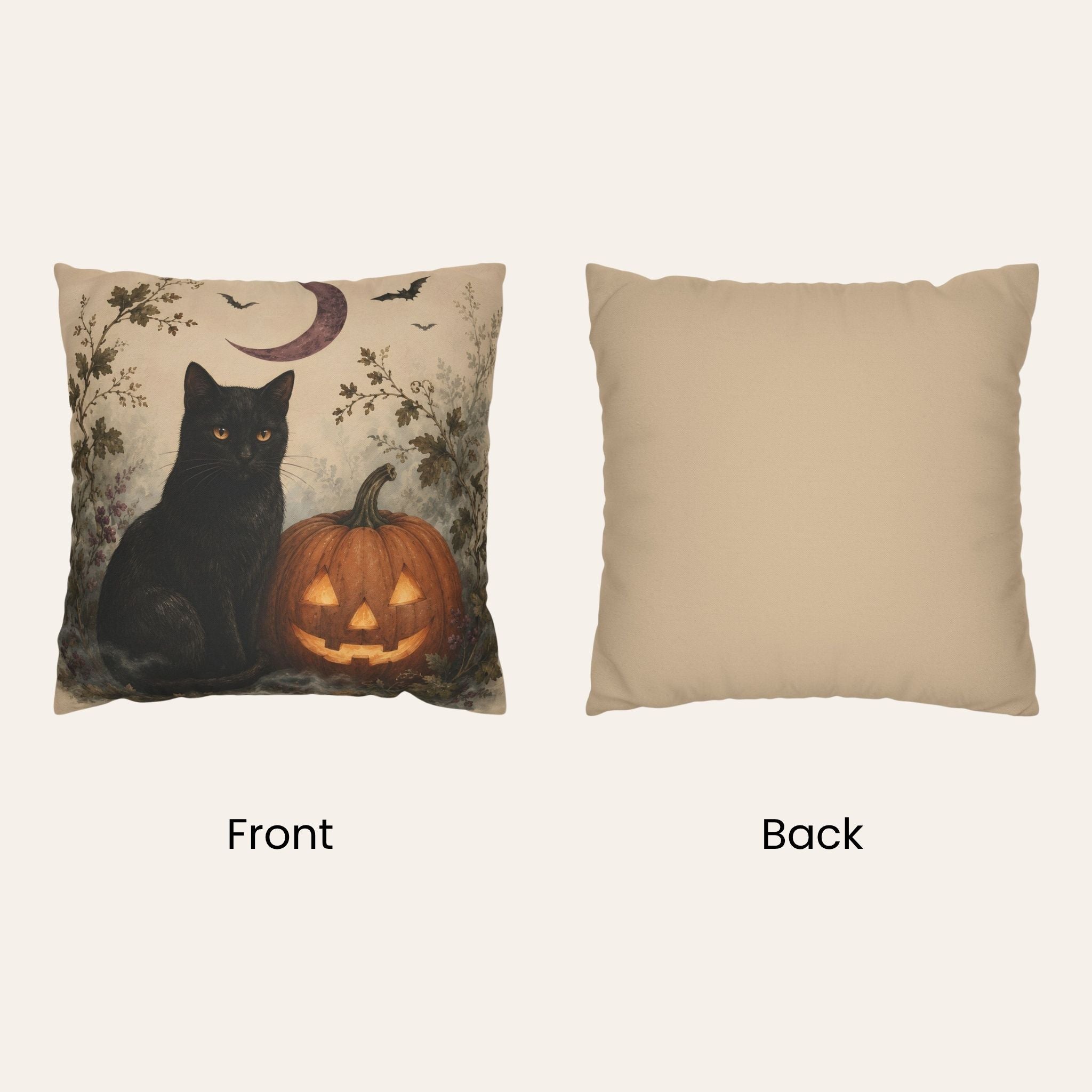 A square throw pillow shown from both front and back on a light beige background. The front features a Halloween design with a black cat, a carved orange pumpkin, bats, and a crescent moon on a muted beige background.