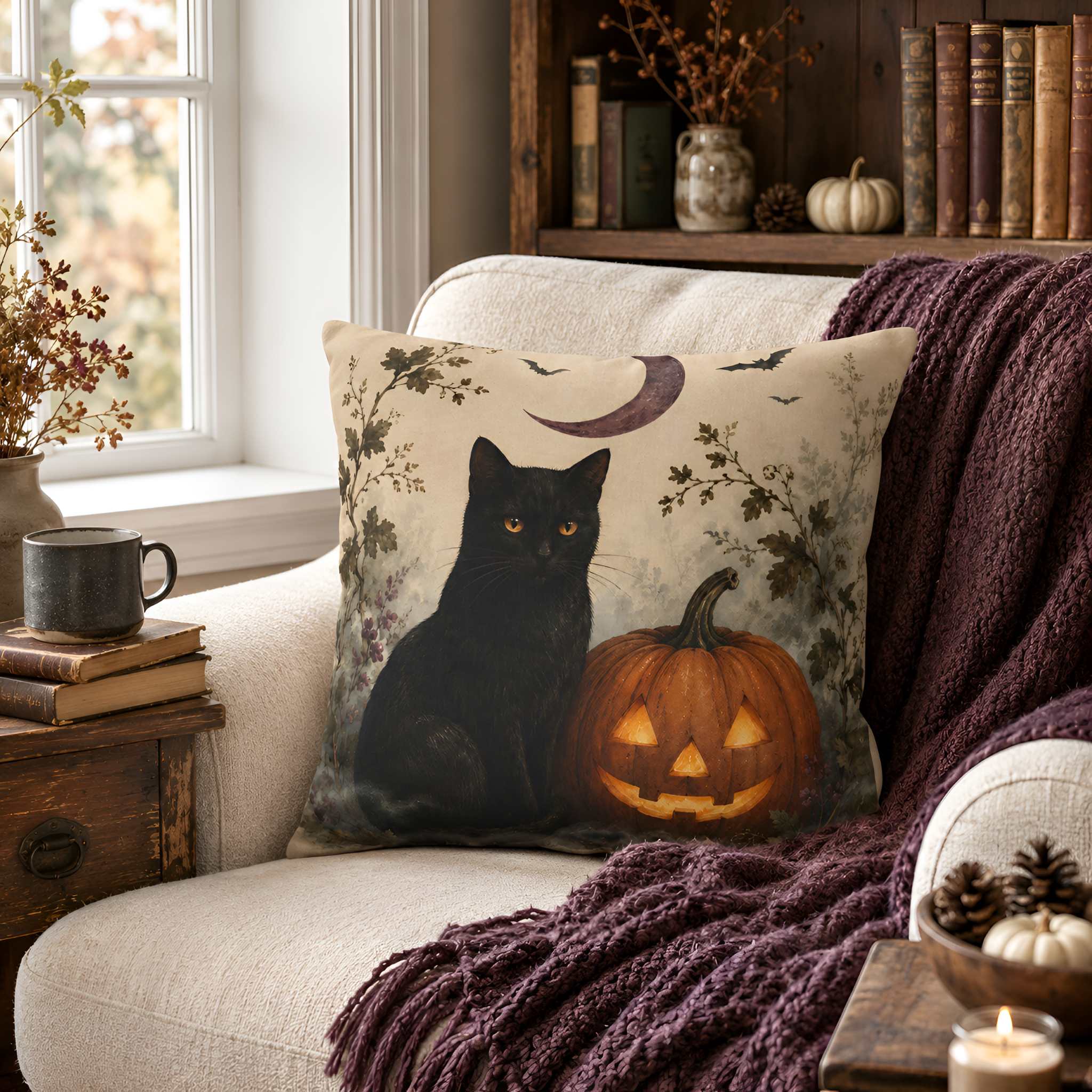 A square black cat throw pillow with a Halloween design featuring a carved pumpkin, styled on a cream-colored armchair with a dark purple knit blanket.