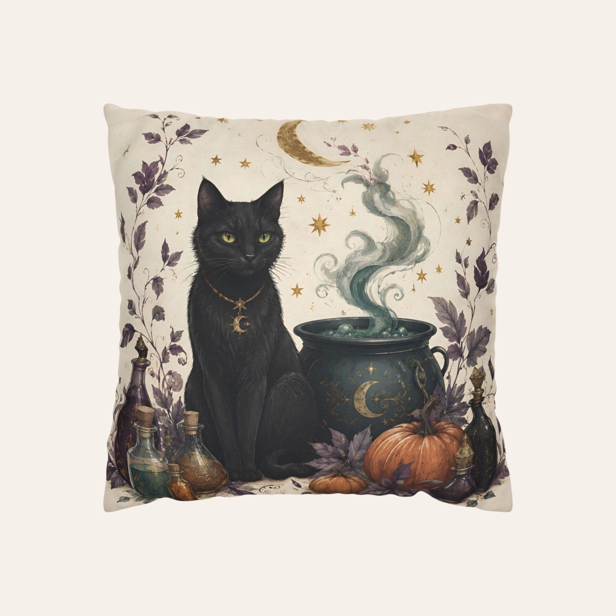 Black Cat Cauldron Throw Pillow, Polyester 18/20 Inch | Witchlight Familiar