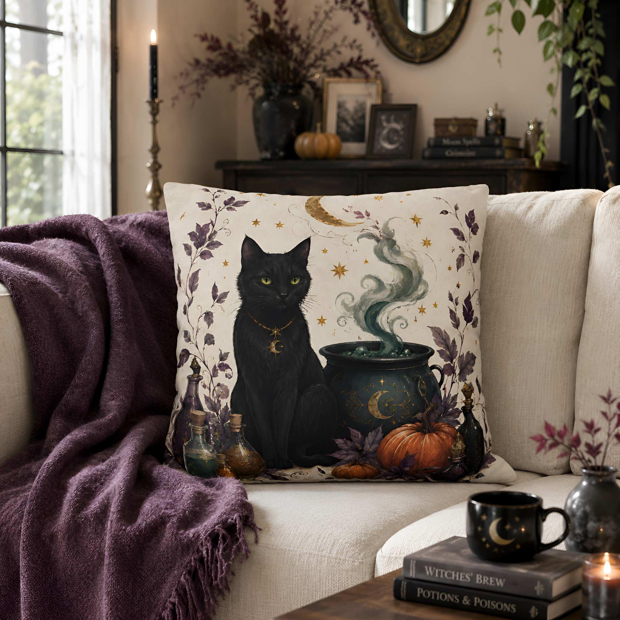 Black Cat Cauldron Throw Pillow, Polyester 18/20 Inch | Witchlight Familiar