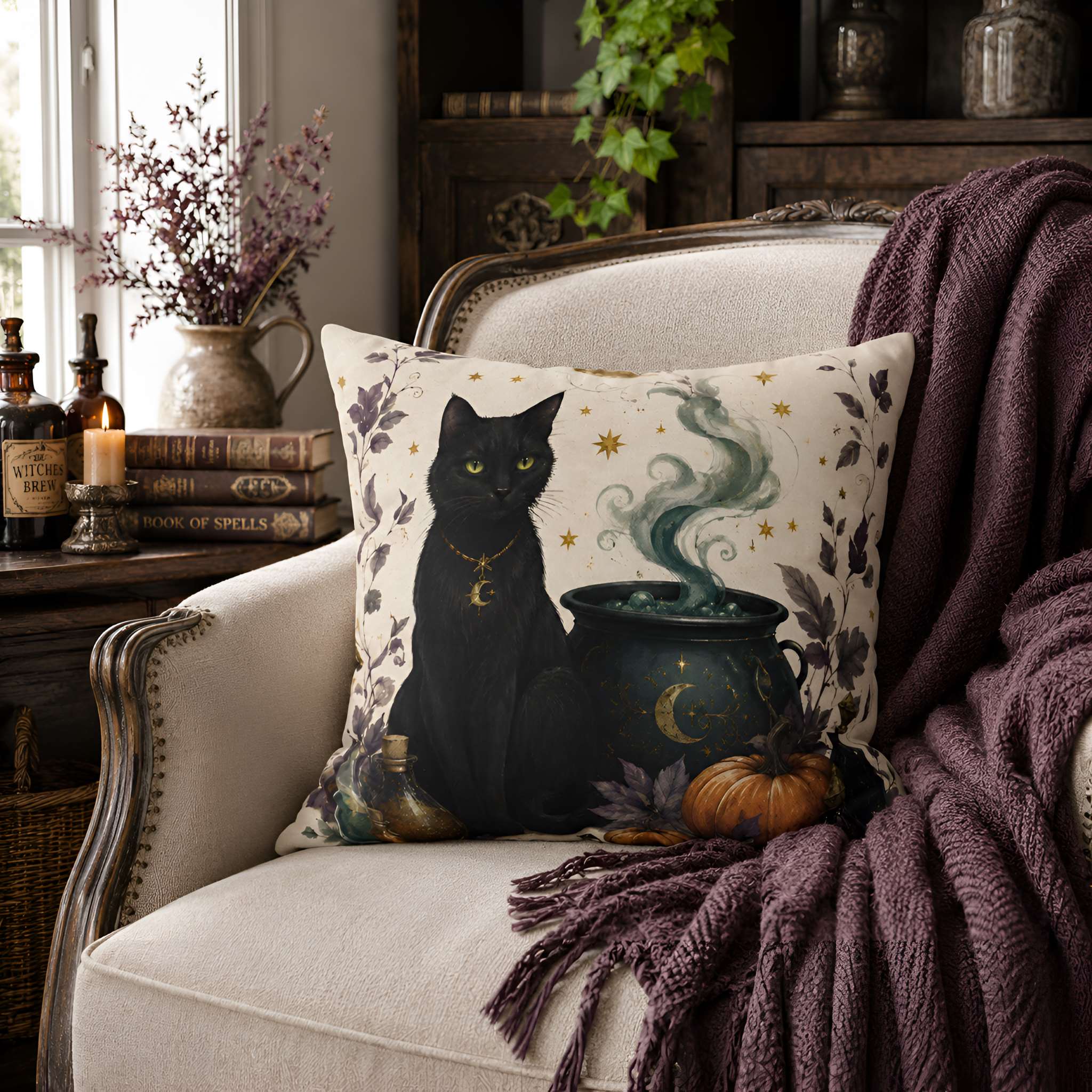 Black Cat Cauldron Throw Pillow, Polyester 18/20 Inch | Witchlight Familiar