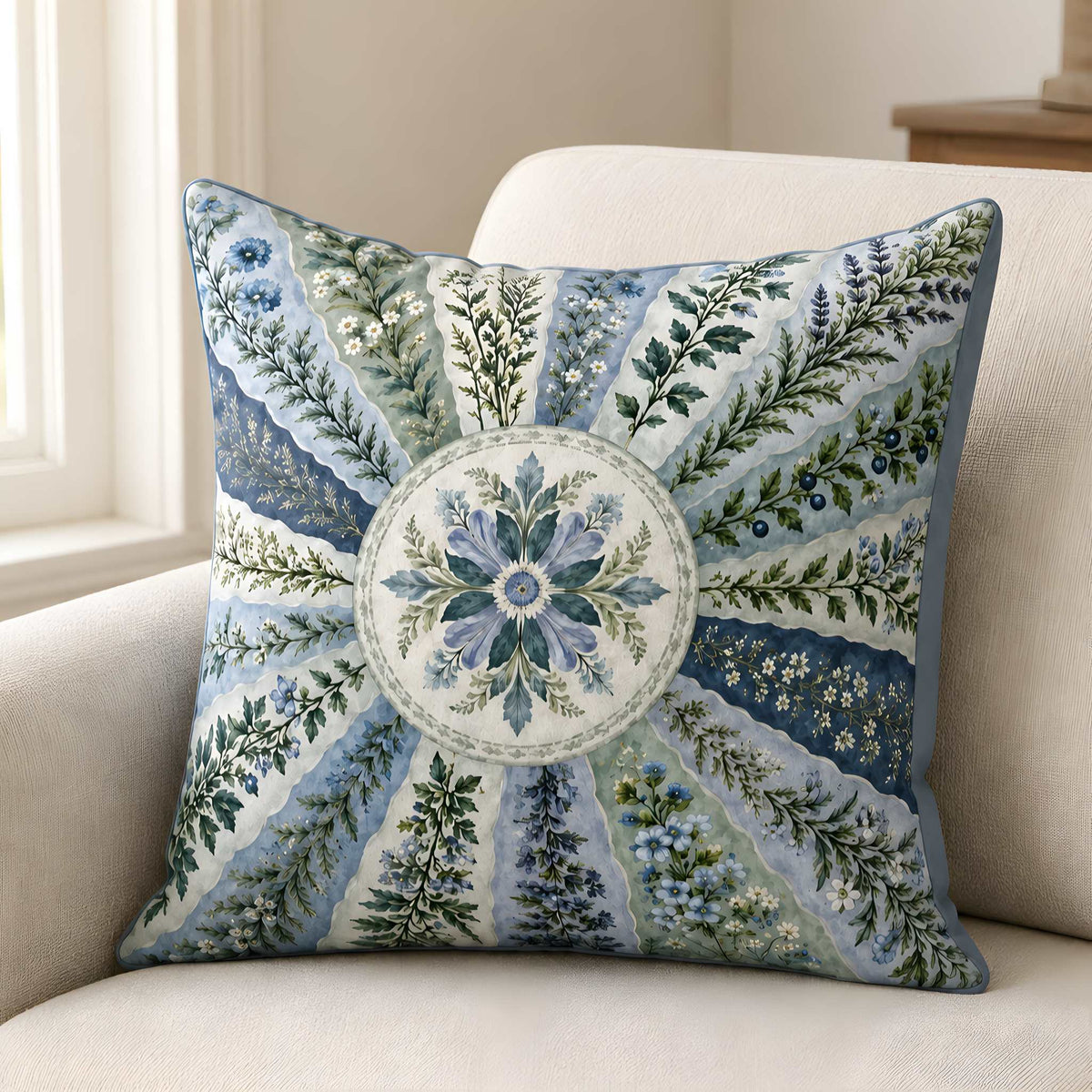 Blue Floral Pillow Cover, Cotton Linen, 22x22 | Misty Sunburst