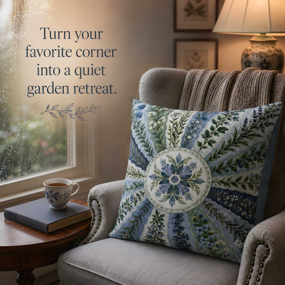 Blue Floral Pillow Cover, Cotton Linen, 22x22 | Misty Sunburst