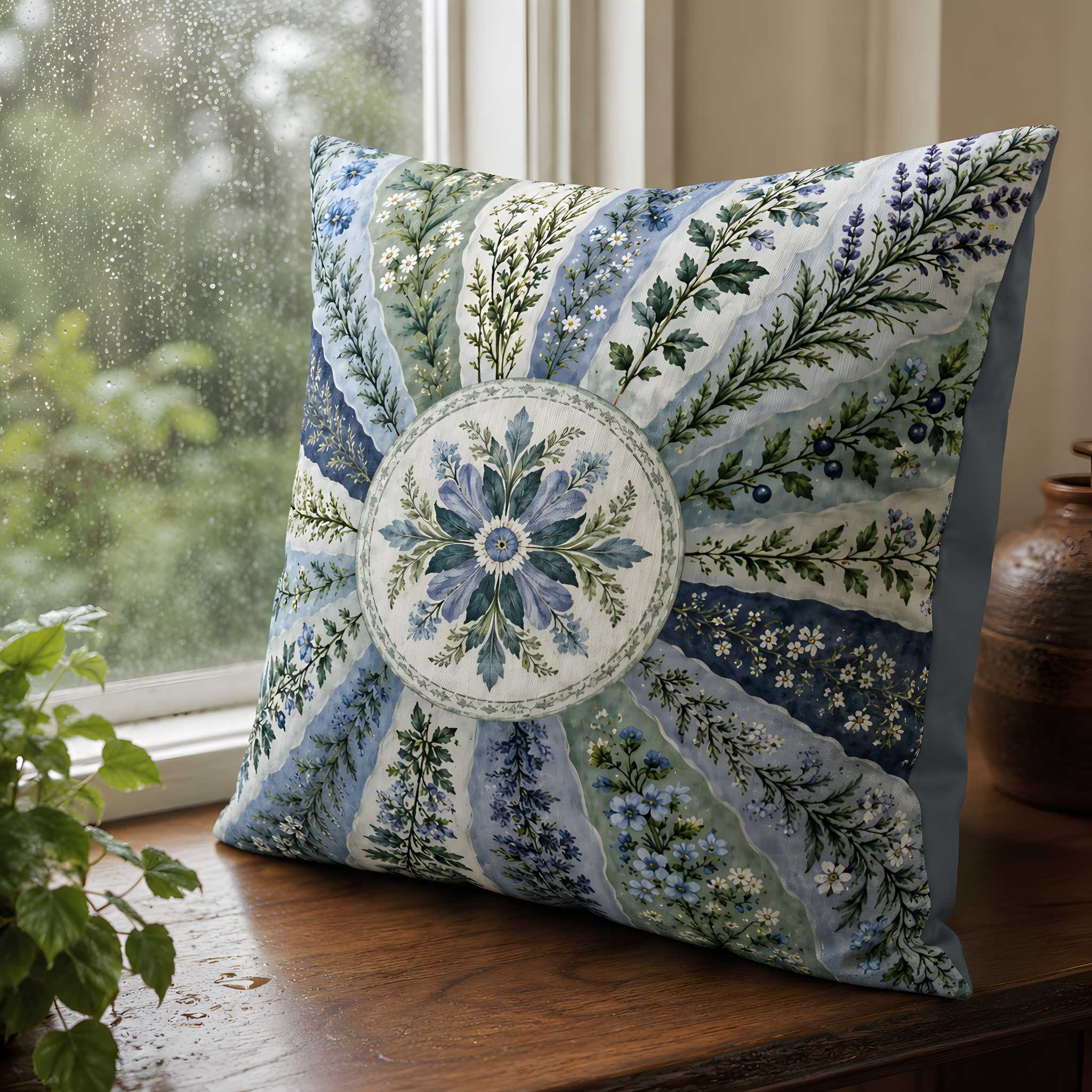Blue Floral Pillow Cover, Cotton Linen, 22x22 | Misty Sunburst