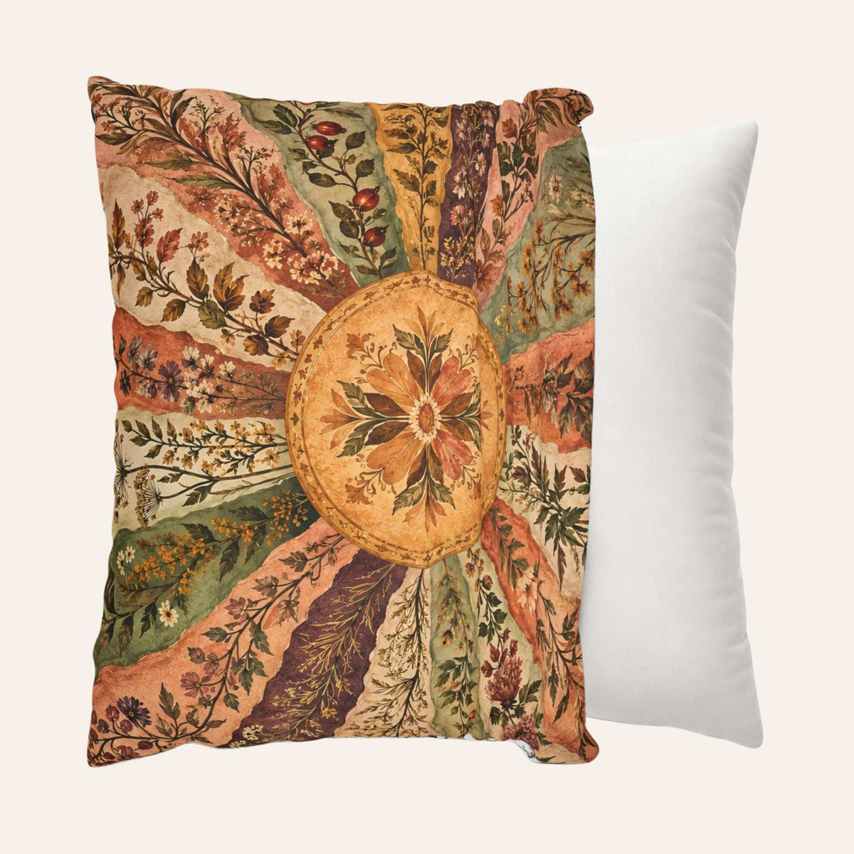 A square decorative pillow cover featuring a vintage botanical sunburst pattern in muted earthy tones, shown being placed on a throw pillow.