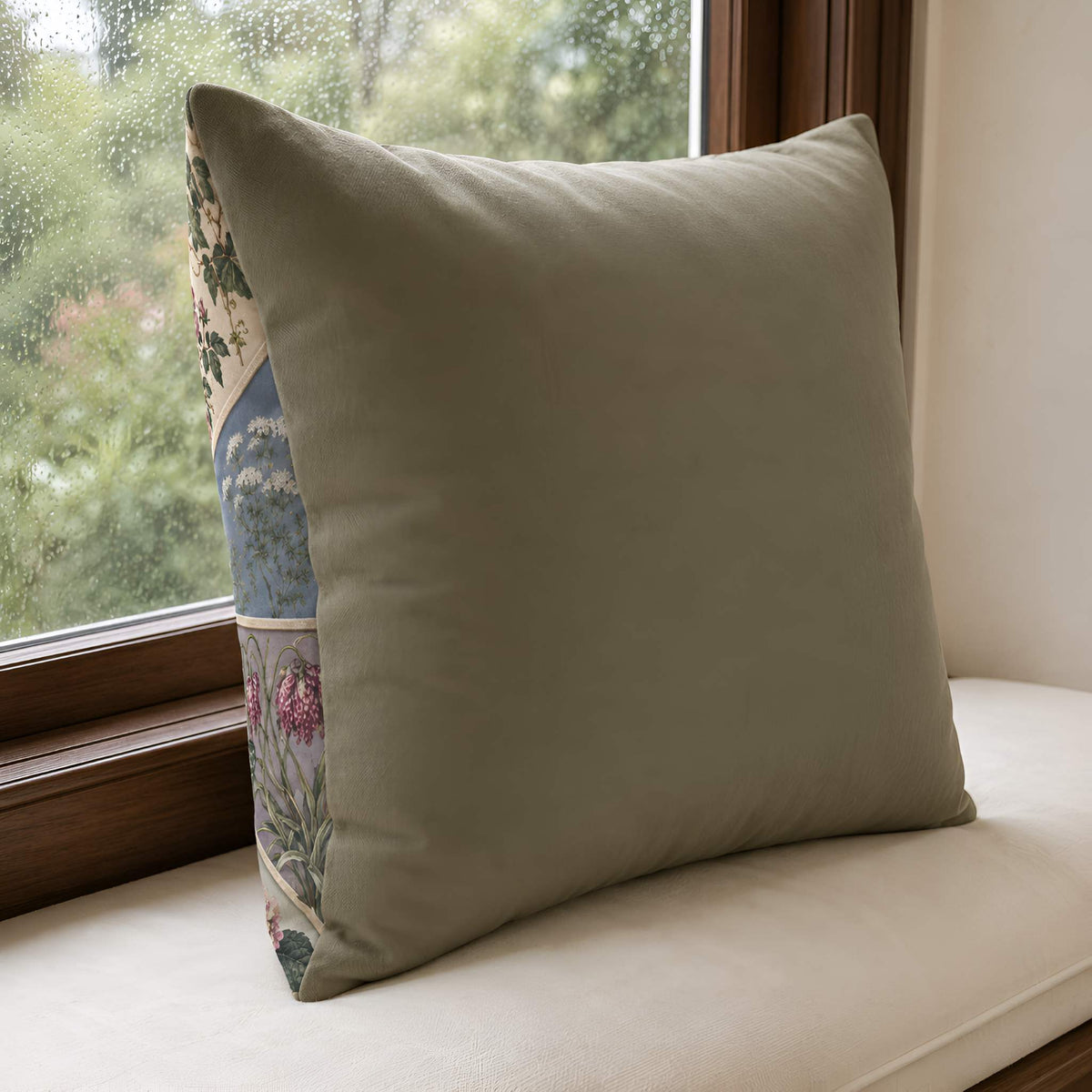 A square pillow cover in a muted sage green color, resting on a cream-colored window seat with a window and green foliage visible in the background.