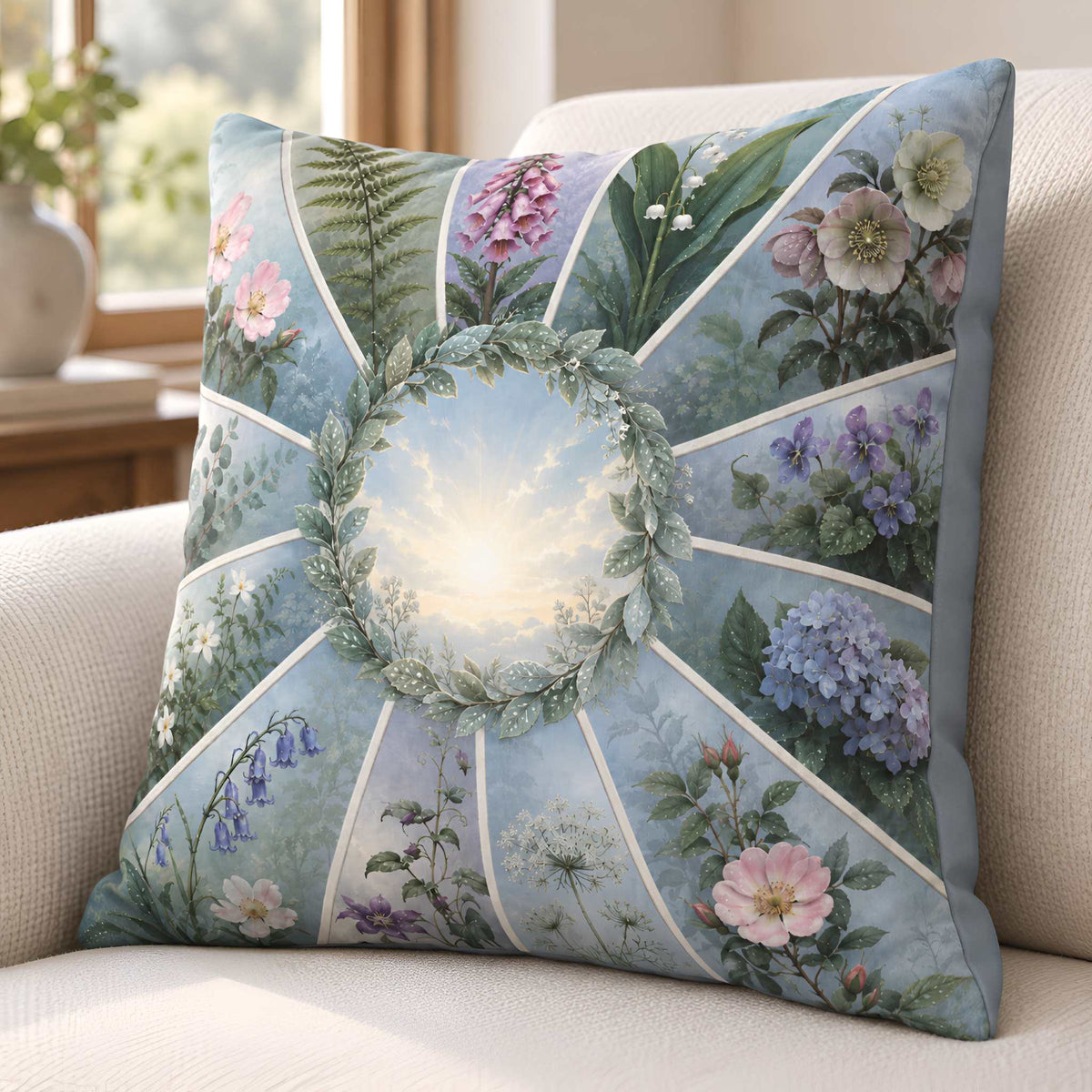 A square blue pillow cover with a botanical and floral design, resting on a light beige fabric sofa in a sunlit room. The pillow features a central sunburst pattern with a green leaf wreath framing a bright sun, surrounded by various illustrated flowers and leaves in soft pastel colors.