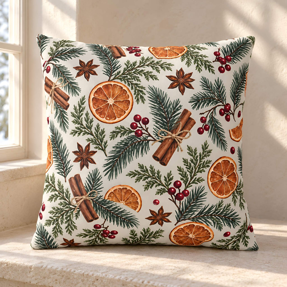 A 20x20 throw pillow cover with a Christmas-themed botanical print featuring pine branches, cinnamon sticks, star anise, red berries, and dried orange slices on an off-white background, styled on a stone windowsill.