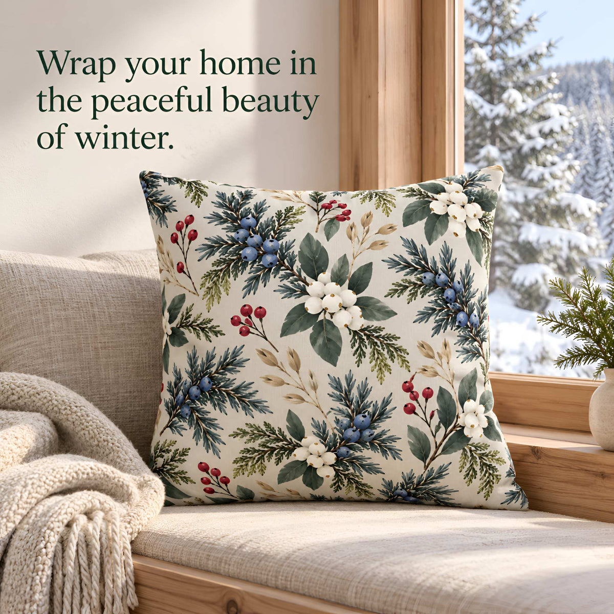 A square decorative throw pillow cover with a winter botanical pattern of holly leaves, blue berries, and white flowers, styled on a beige sofa next to a window with a snowy outdoor view. Text on the left reads, 'Wrap your home in the peaceful beauty of winter.