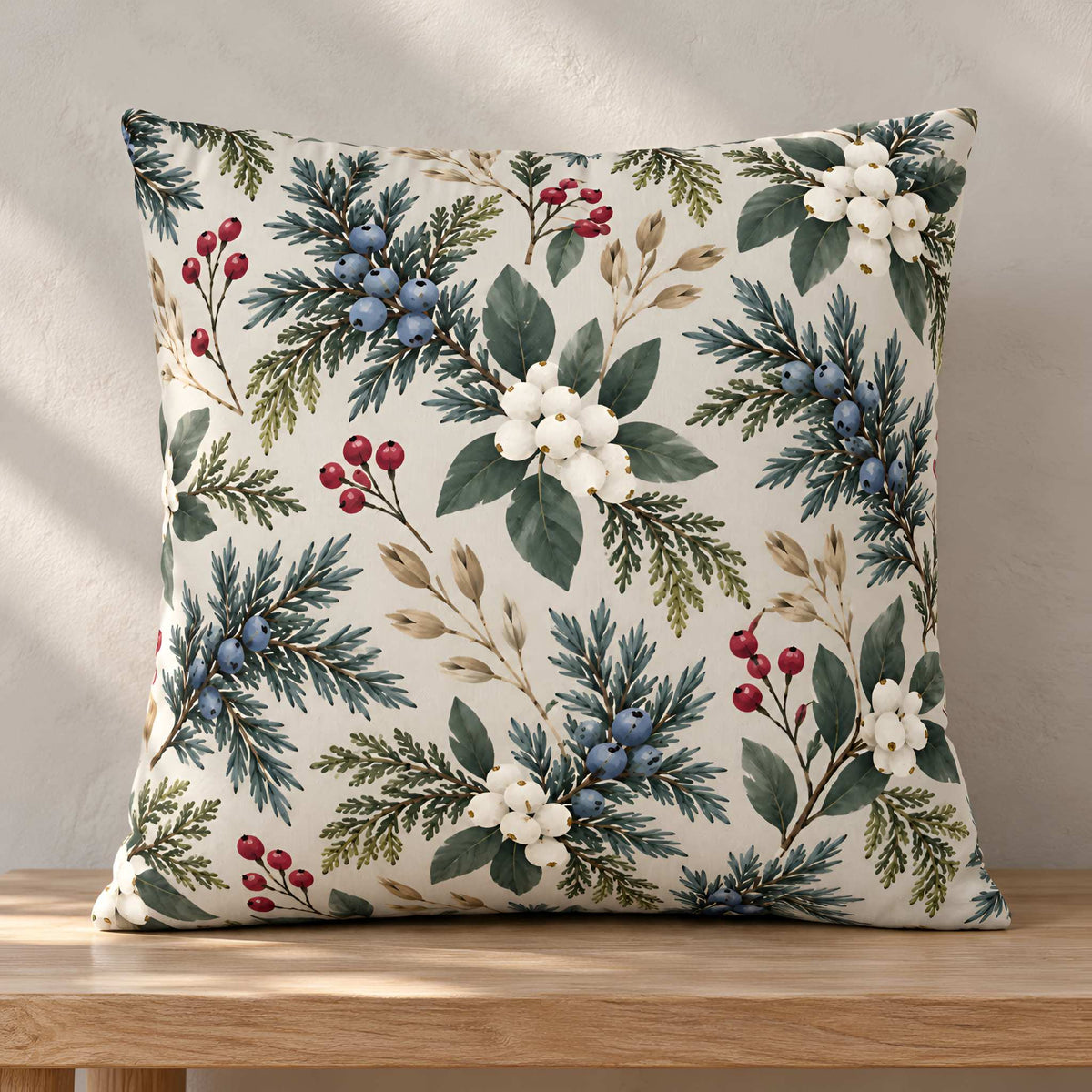 A square decorative throw pillow with a vintage botanical pattern of holly leaves, blue berries, white flowers, and red berries on a cream background, resting on a light wood table against a textured beige wall.