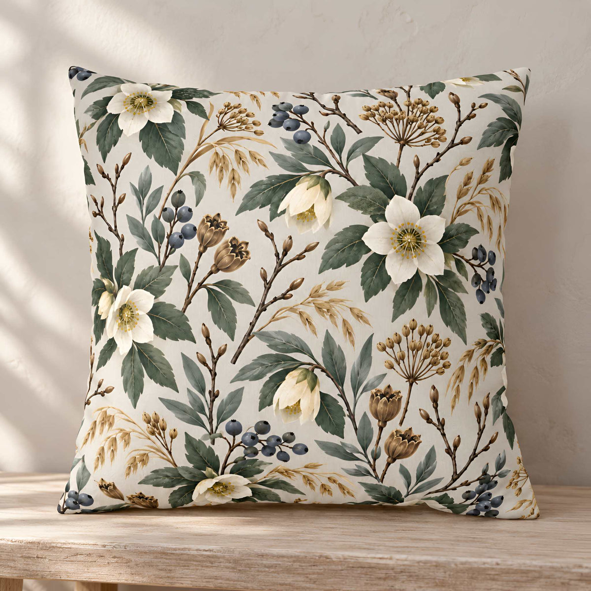 Winter Petals botanical pillow cover with ivory flowers, blue berries and evergreen foliage on a warm cream background
