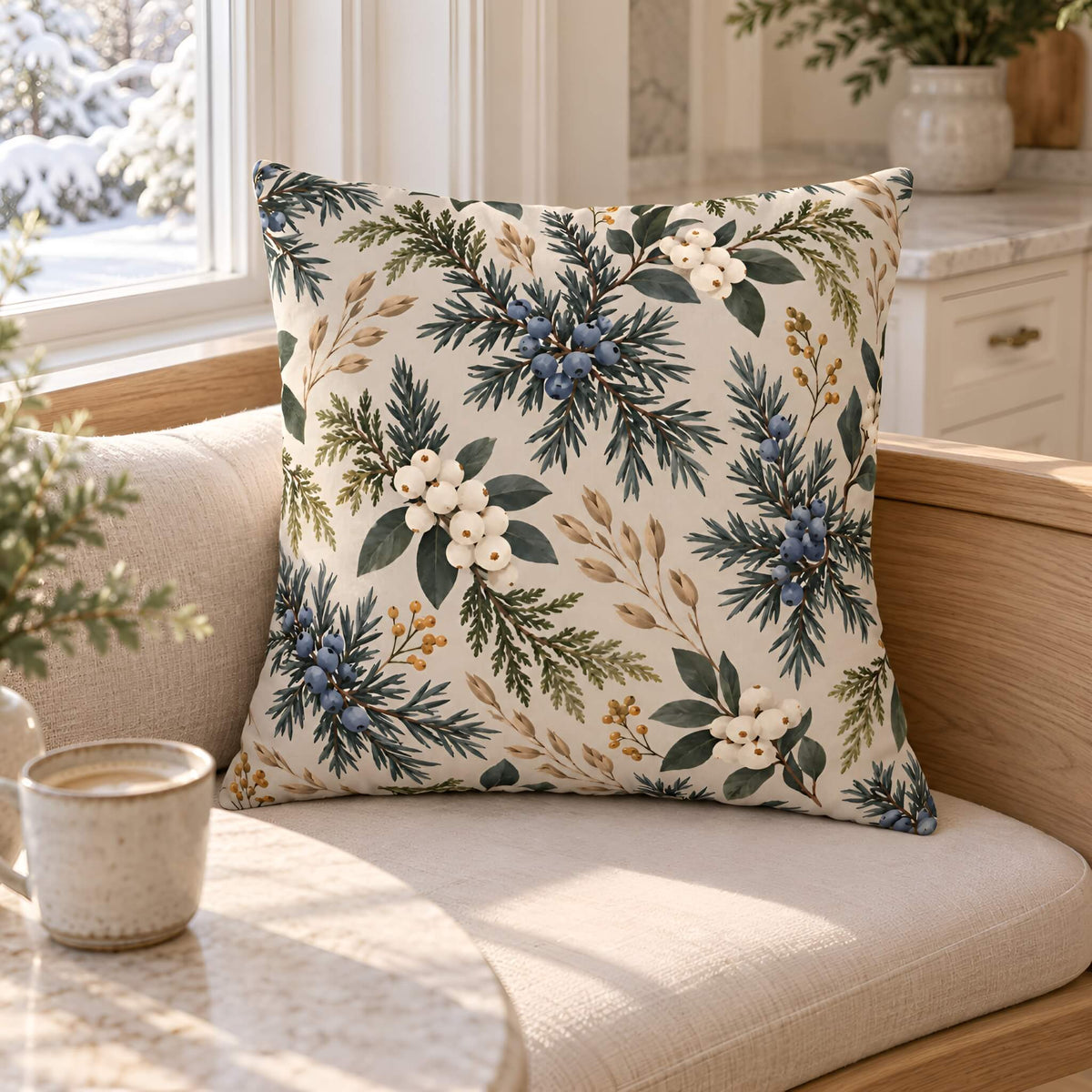 Snowberry and juniper botanical throw pillow cover styled in a bright neutral kitchen nook