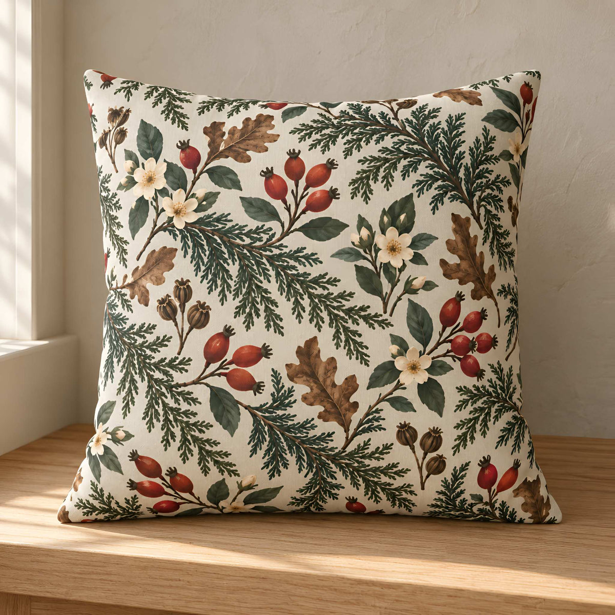 A square throw pillow with a vintage botanical pattern of pine branches, red berries, and cream flowers on an off-white background, resting on a wooden windowsill.