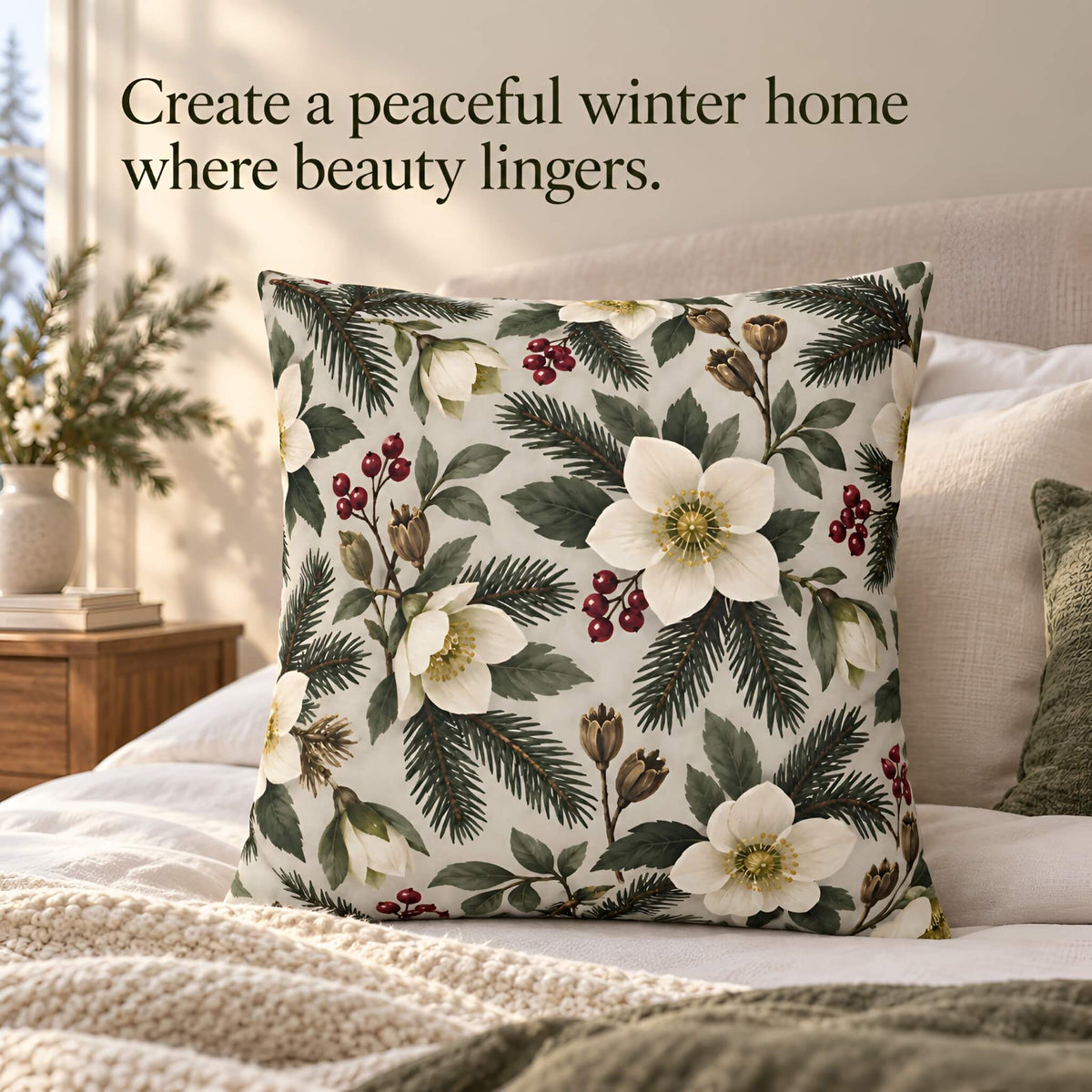 A decorative pillow cover with a winter floral print featuring white flowers, green pine needles, and red berries, styled on a bed in a warm, softly lit bedroom. Text at the top reads, 'Create a peaceful winter home where beauty lingers.