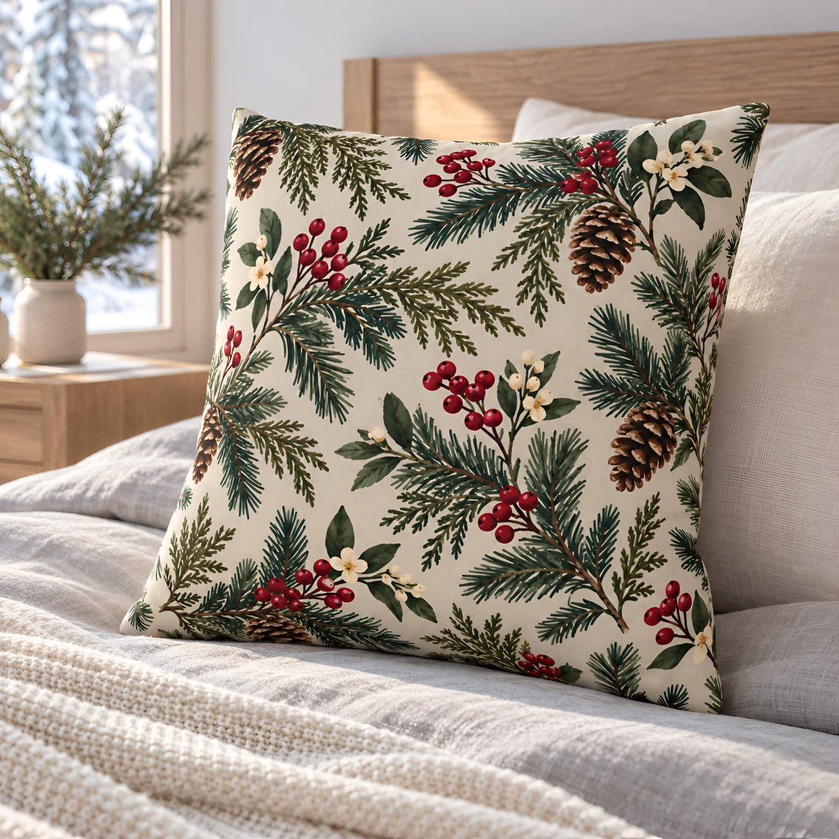 A 18x18 pillow cover with a Christmas botanical pattern featuring pine branches, pinecones, and red berries on a cream background, styled on a bed in a bedroom setting.