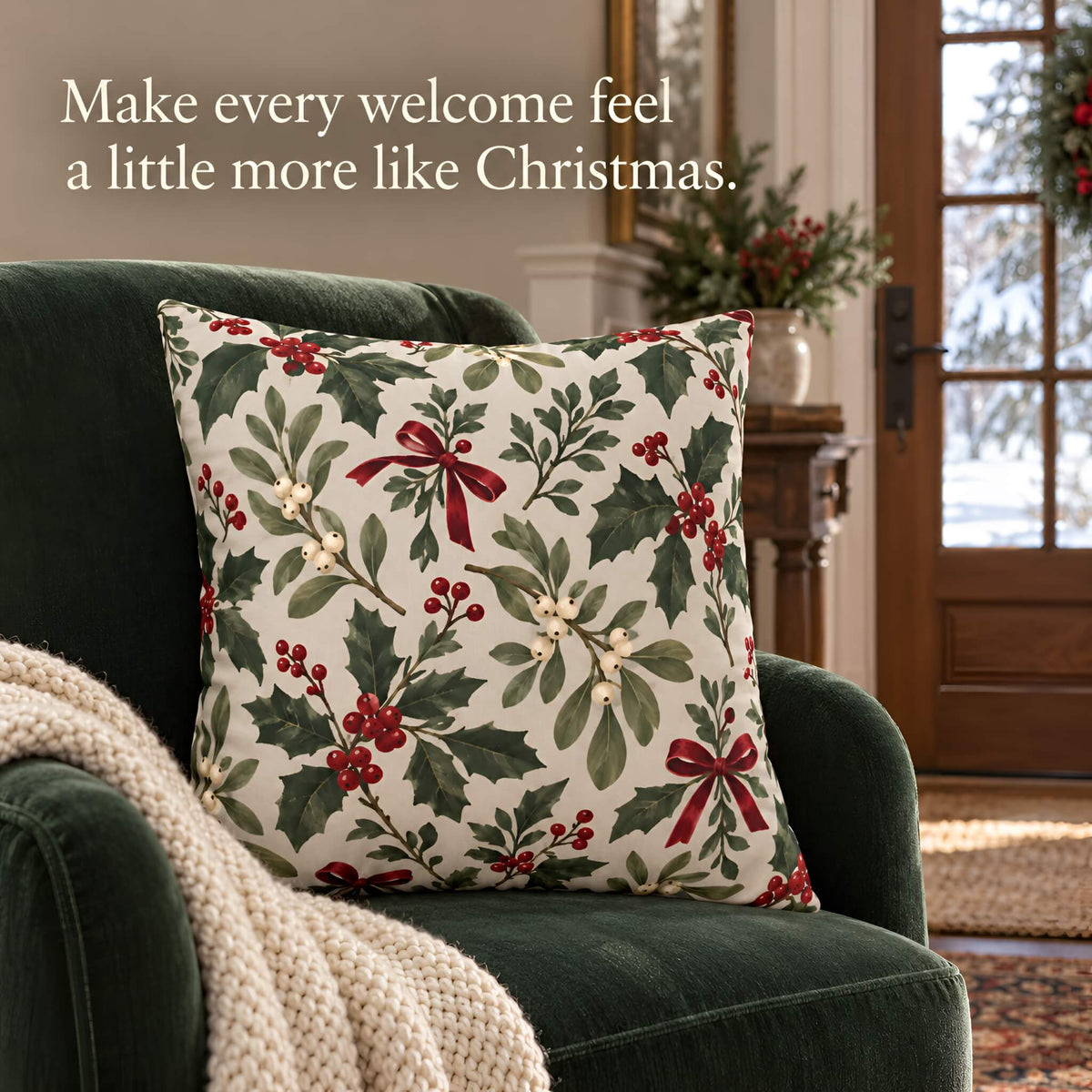 An 18x18 throw pillow cover with a holly and berry Christmas pattern, styled on a dark green velvet armchair in a cozy living room setting. The pillow features a cream background with green holly leaves, red berries, and red bows.