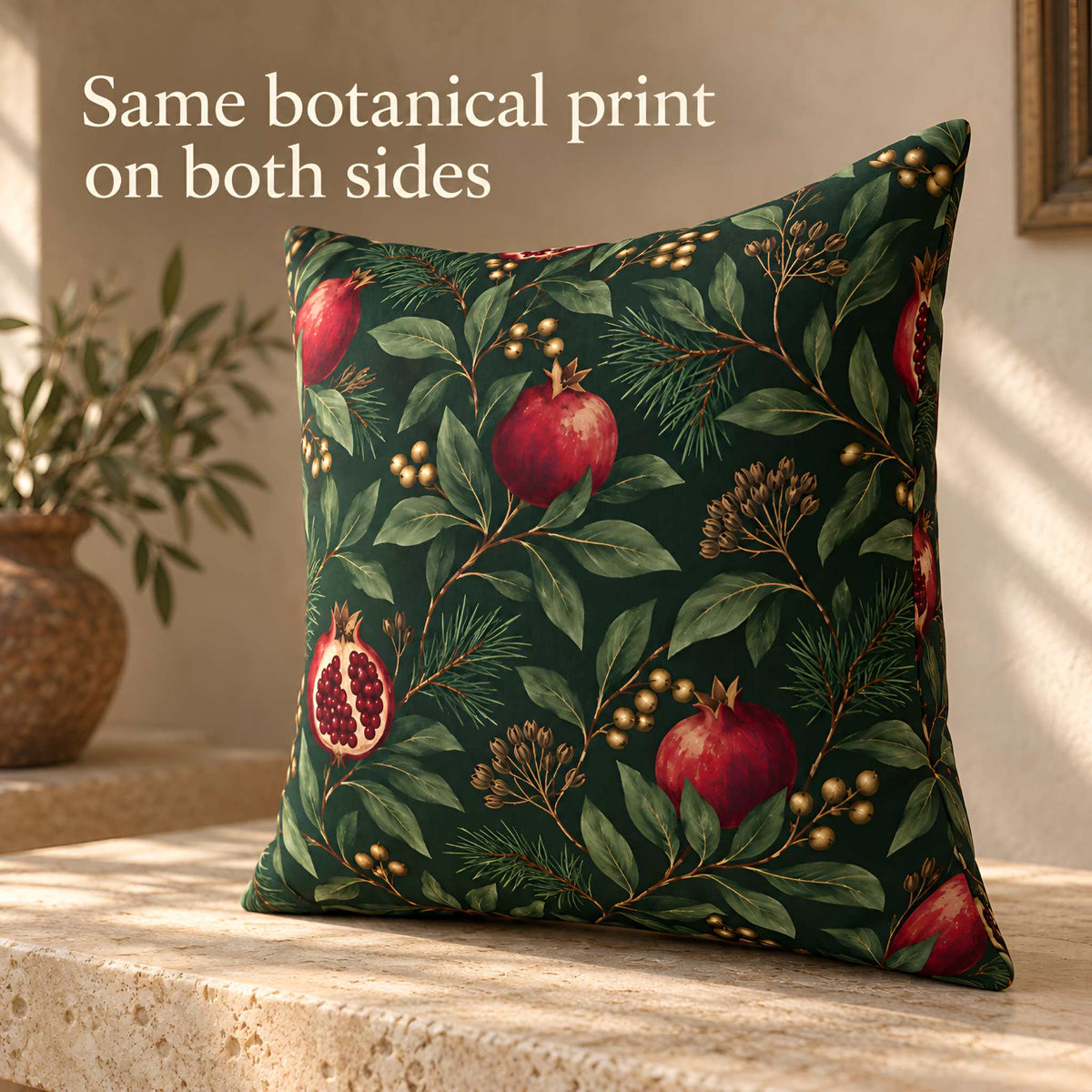 Pomegranate botanical pillow shown from the back with matching print on both sides.