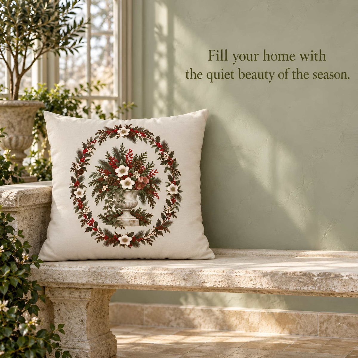 Christmas Floral Pillow Cover, 18x18 or 20x20 | Yuletide Bouquet