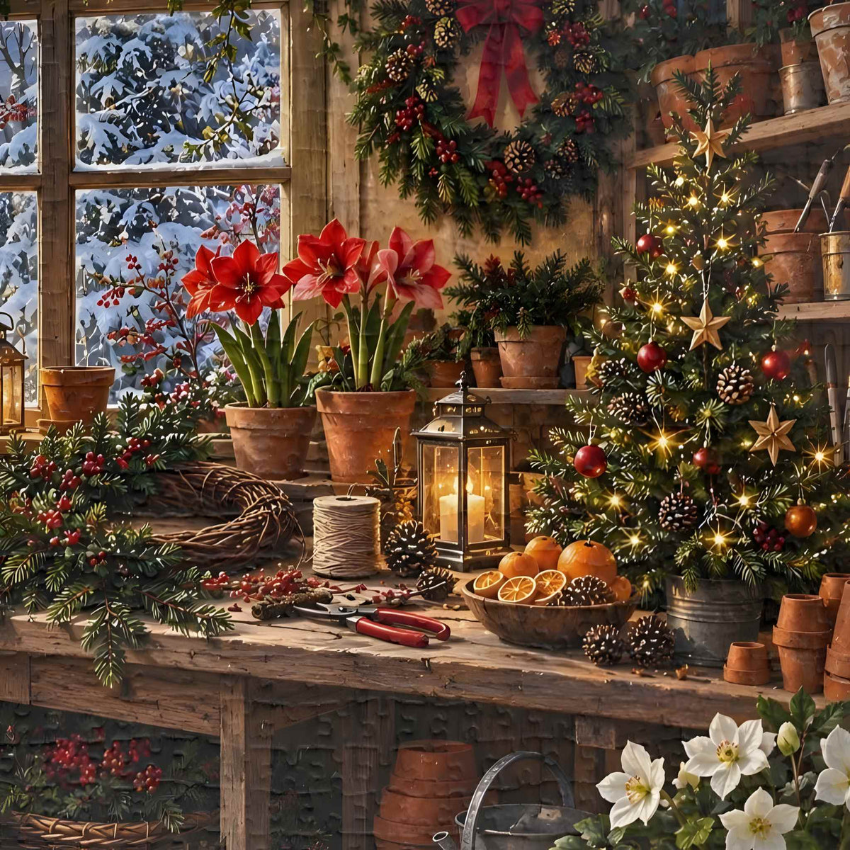 A cozy rustic holiday garden table filled with potted red amaryllis, evergreen garlands, pinecones, a lit lantern, oranges, and a decorated Christmas tree in a warmly lit greenhouse or garden room.