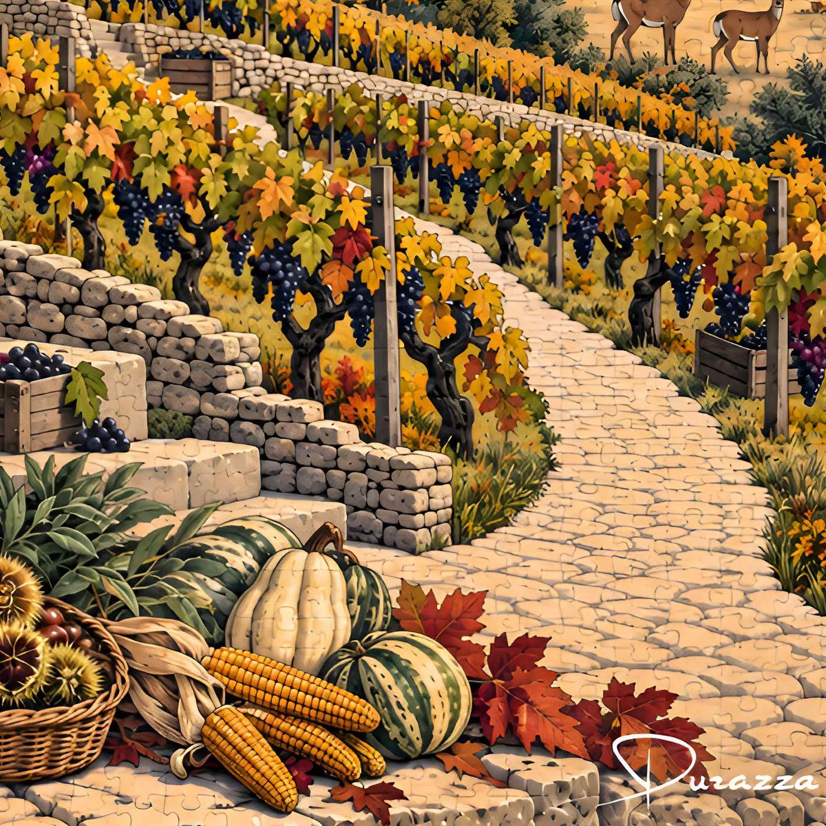 A stylized autumn vineyard landscape jigsaw puzzle with stone pathways winding through rows of grapevines, pumpkins, corn, and fall foliage in the foreground. The scene is rich in warm yellow, orange, red, and dark purple tones, with a visible 'Durazza' signature in the lower right.