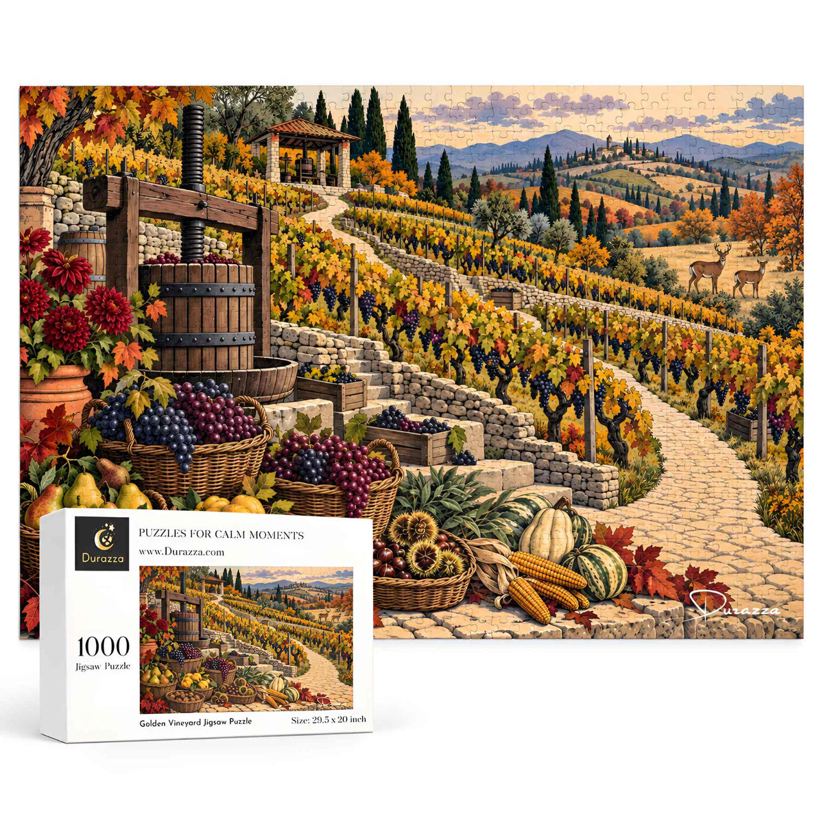 A 1000-piece jigsaw puzzle box shown in front of a large completed puzzle depicting an autumn vineyard landscape with stone paths, grapevines, baskets of grapes and produce, and distant hills. The box reads 'Golden Vineyard Puzzle' and shows the brand Divertra.