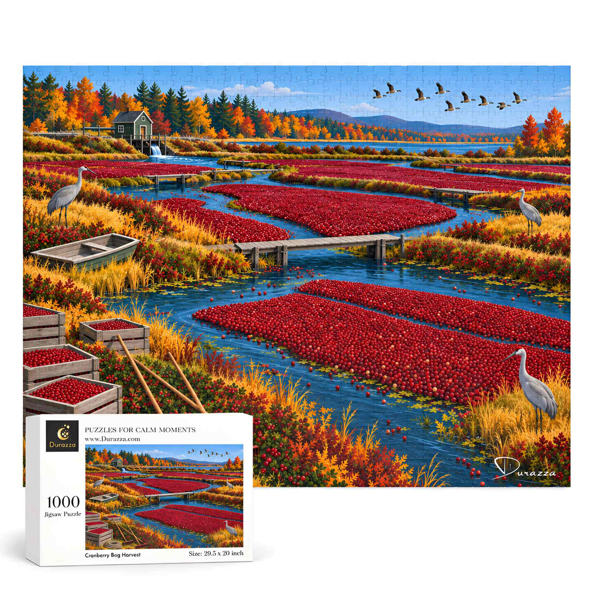 A 1000-piece jigsaw puzzle box labeled 'Cranberry Bog' shown in front of the completed puzzle artwork. The scene depicts a colorful autumn landscape with cranberry fields, a river, bridges, trees in fall colors, and birds, including cranes.