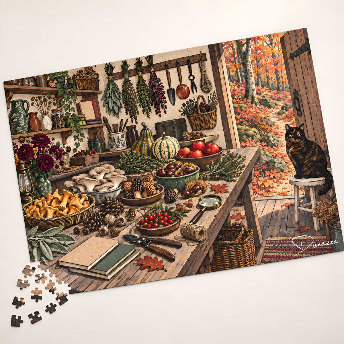 A completed rustic autumn-themed jigsaw puzzle with loose pieces scattered at the bottom. The puzzle artwork shows a wooden table laden with seasonal foods and herbs, a cat sitting on a stool by an open doorway, and an outdoor fall forest scene visible outside.